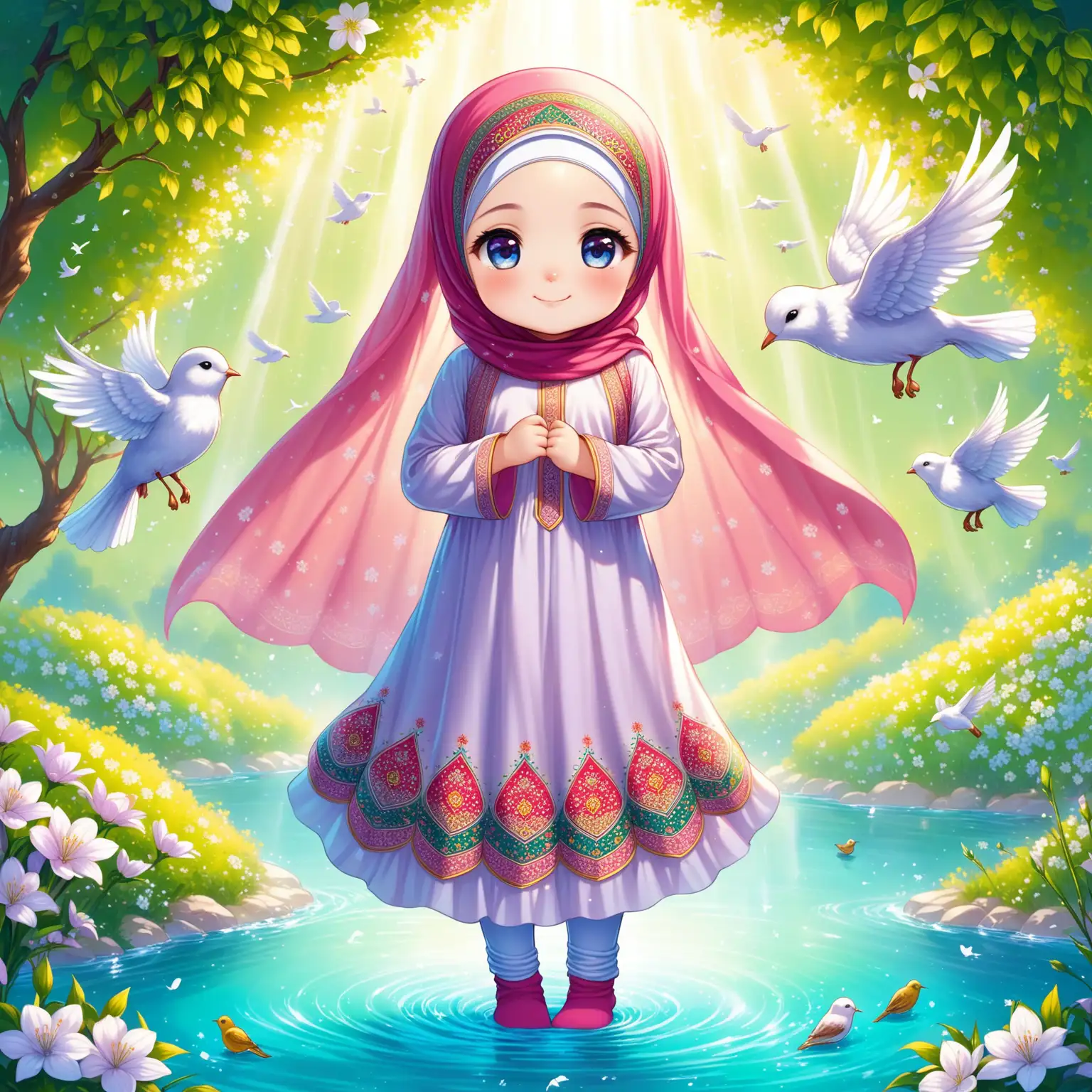 Character Persian little girl(full height, Muslim, with emphasis no hair out of veil(Hijab), baby face, eyes must be small, bigger nose, white skin, cute, smiling, wearing socks, clothes full of Persian designs, heavenly girl).

Atmosphere flowing water from the spring with flowers, nightingales and flying birds in spring.