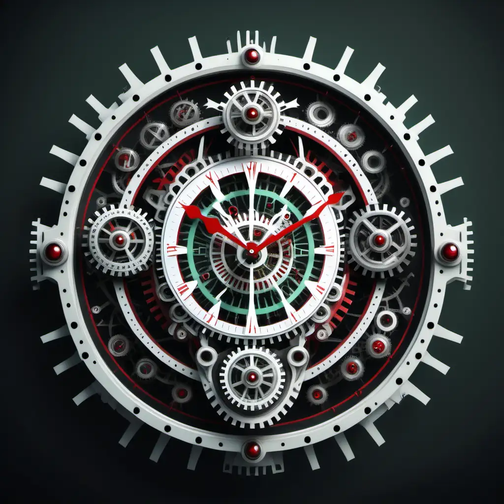 evil mechanical clock with colors white, red, black and pale green