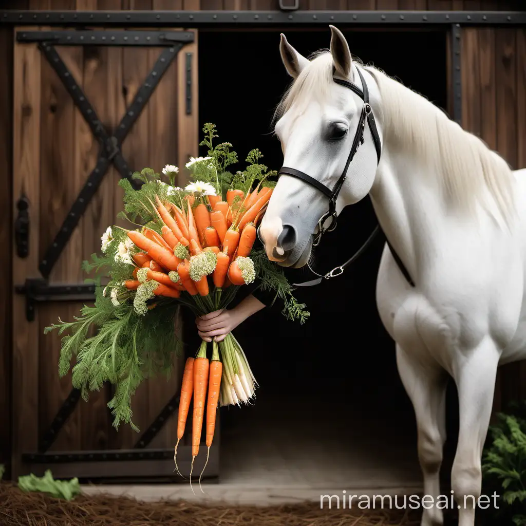 Colorful Bouquet of Flowers and Carrots with a Majestic Horse in a Fancy Barn
