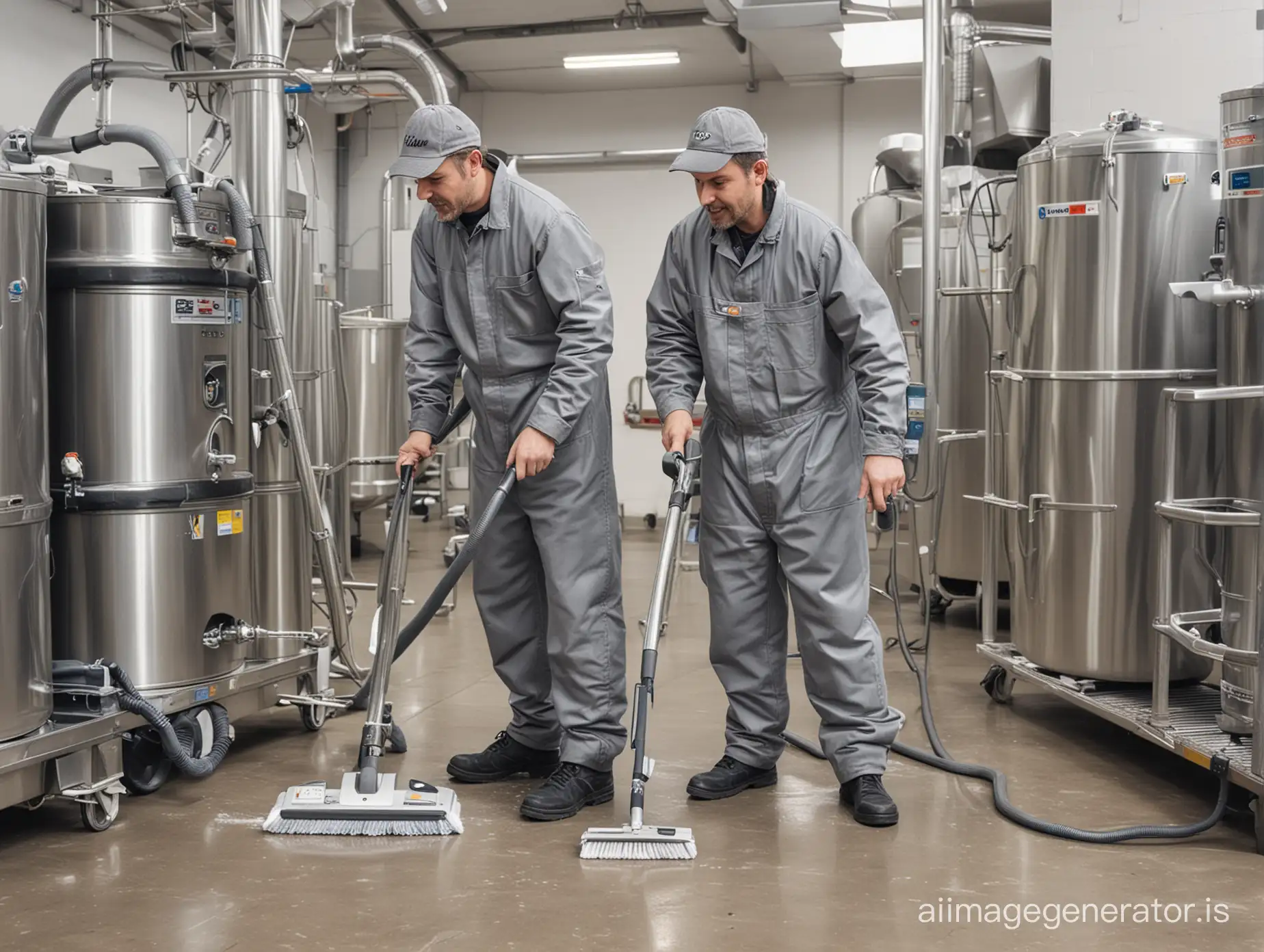 Two men. In the process of washing the floor using a floor cleaning machine. Wearing gray coveralls. Wearing a gray cap on the head. Next to them is a vacuum cleaner and a ladder. In the background, there is a food workshop with large stainless steel tanks.