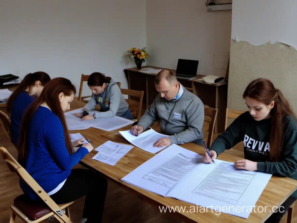 За столом сидят волонтёры фонда "Возрождение" и заполняют бриф. Красивый просторный офис. Текст на листе на русском языке.