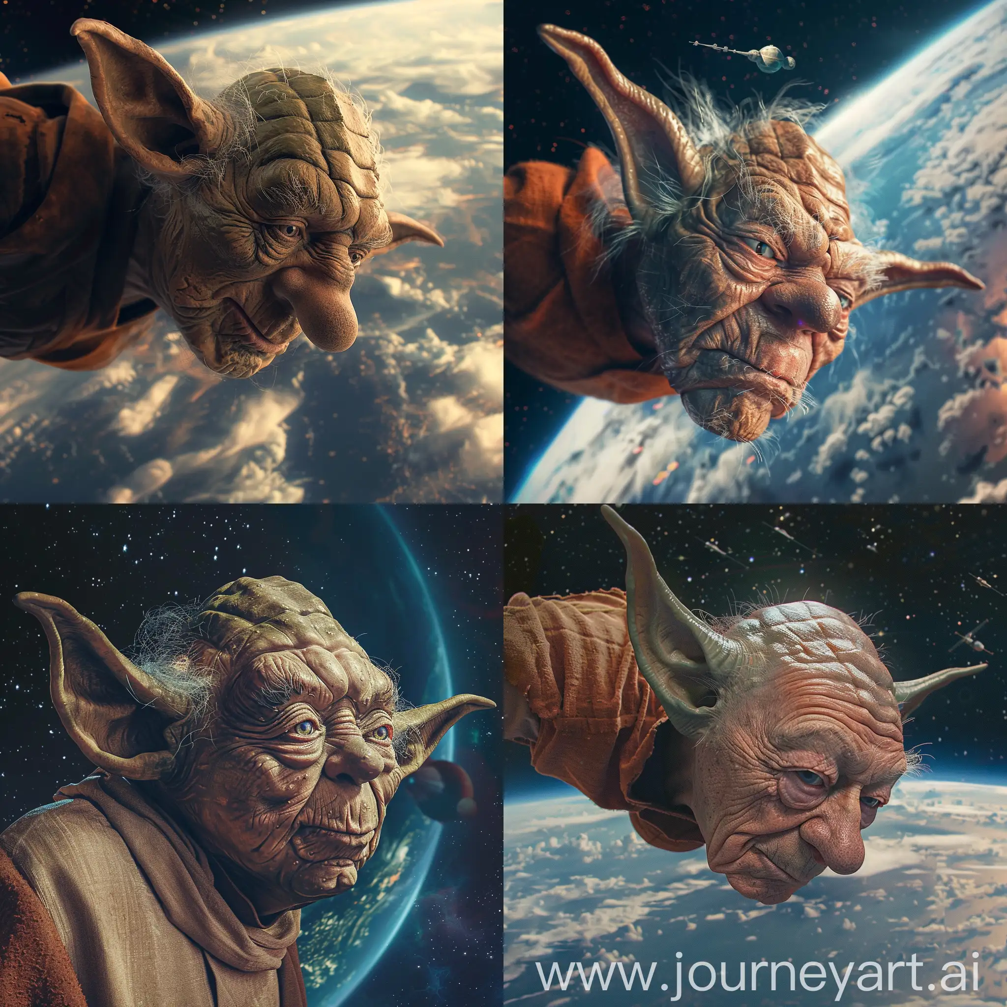 A 50 year old man with a big nose and looking like Yoda from Star Wars flying in space