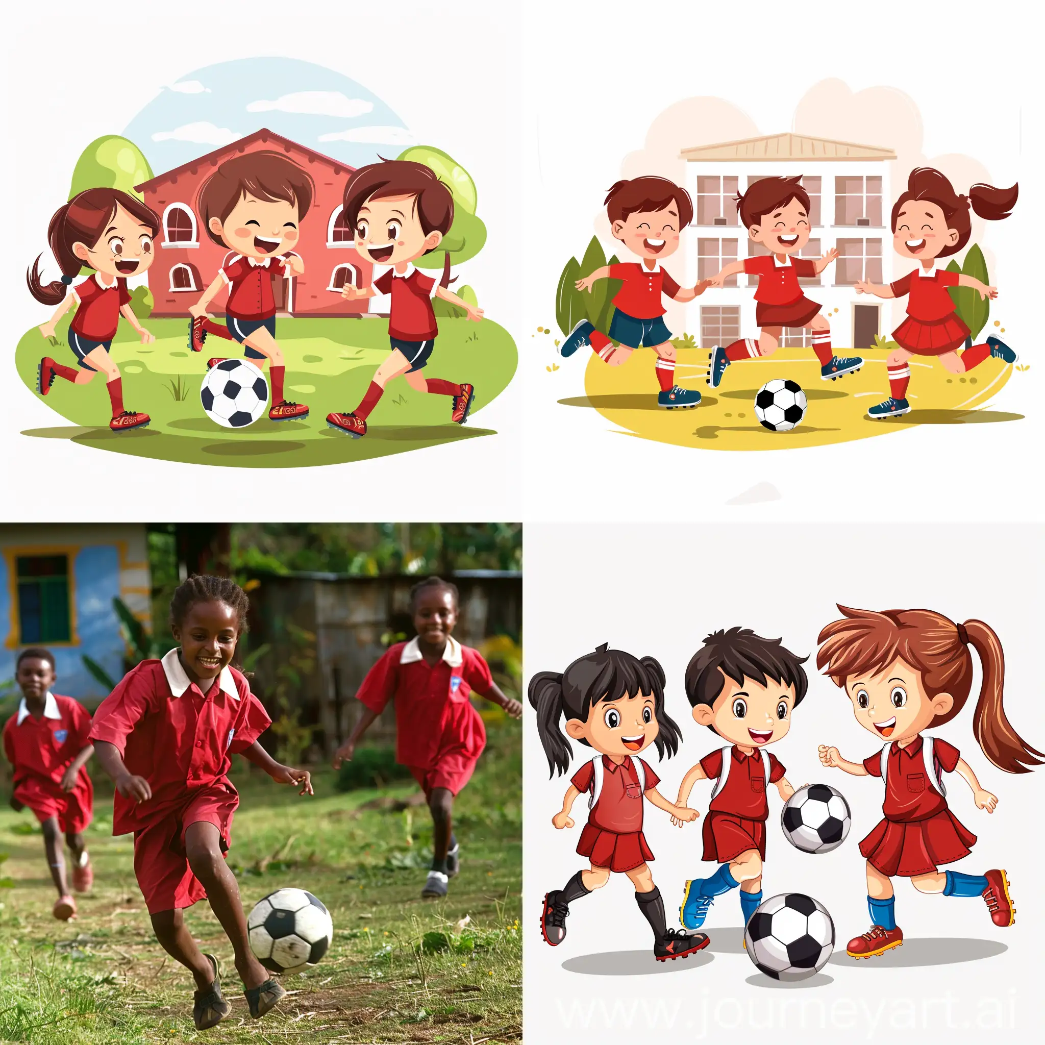 Kids playing football at the school wearing a red uniform