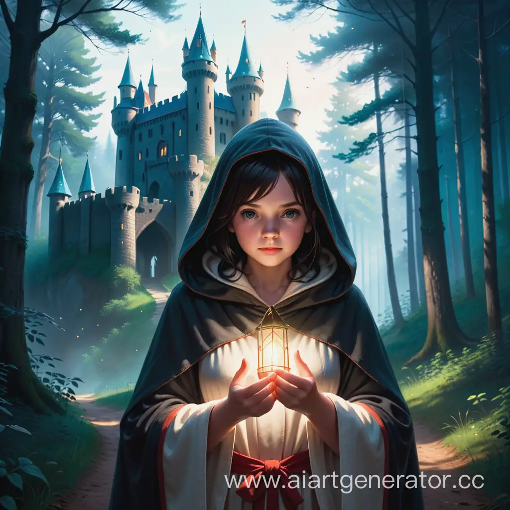The castle is in the distance in the middle of the forest, and in front of it is a dark-haired girl with a light shining in her hands. She is wearing a robe and a hood partially conceals her face