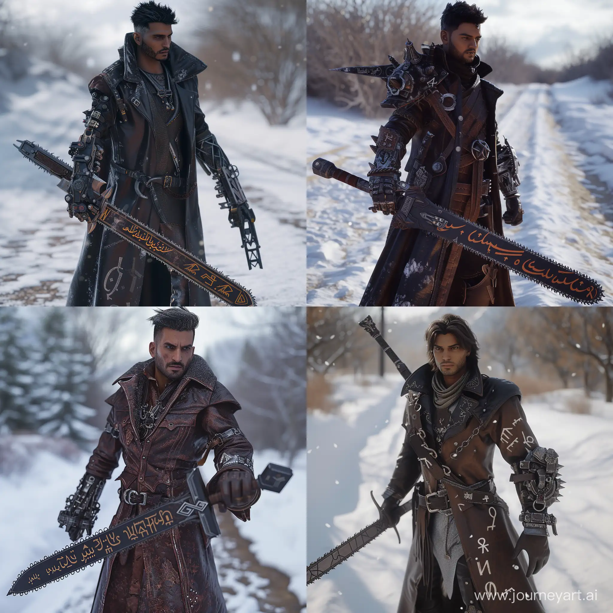 Steampunk-Persian-Warrior-with-Chainsaw-Blades-and-Mechanical-Arm-in-Snowy-Landscape