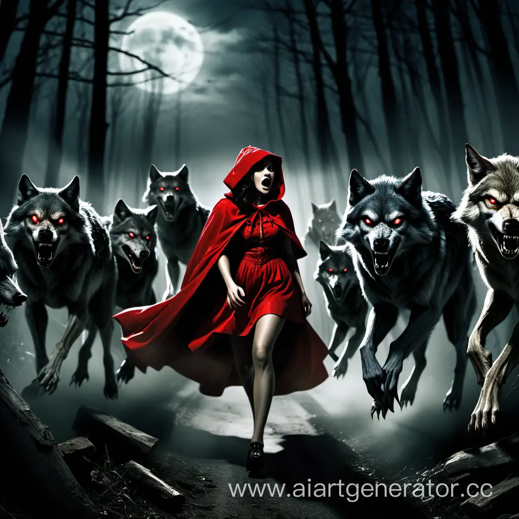 Стая волков бежит за вожаком оборотнем, а на оборотне красная шапочка, все это происходит ночью