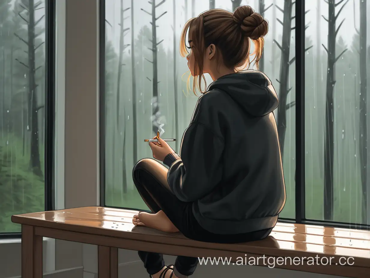 Contemplative-Girl-Sitting-by-Window-Overlooking-Forest-in-Rain