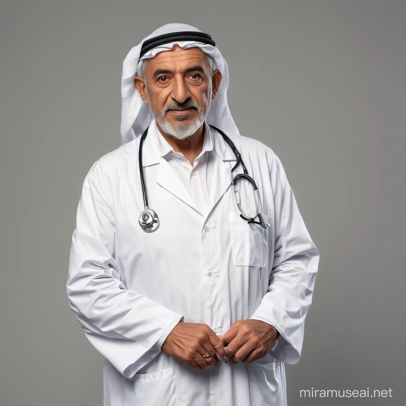 arabic old man wearing doctor clothes looking directly 
