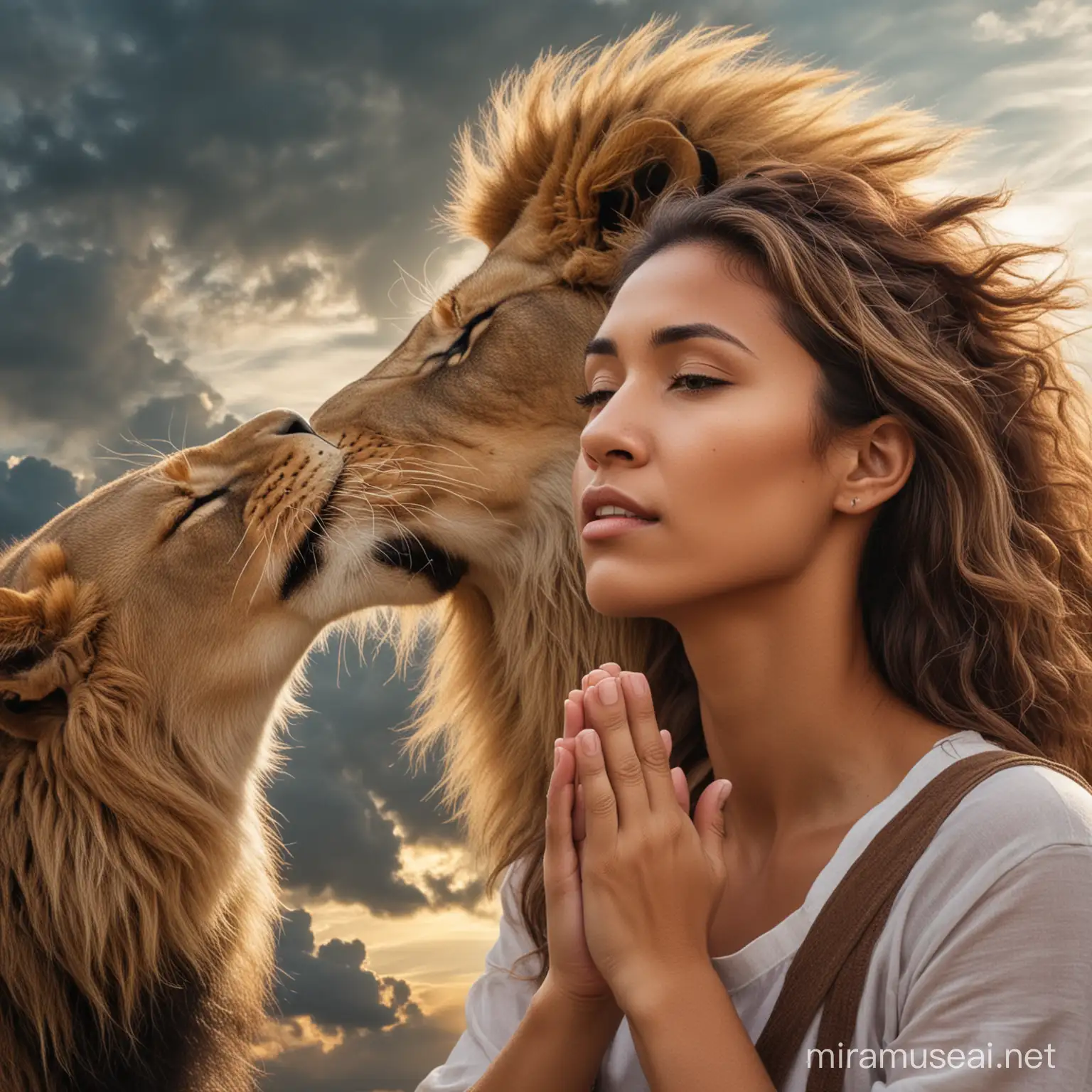 Une femme teint métisse, qui prie Dieu en levant la tête vers le ciel , et un lion à côté 