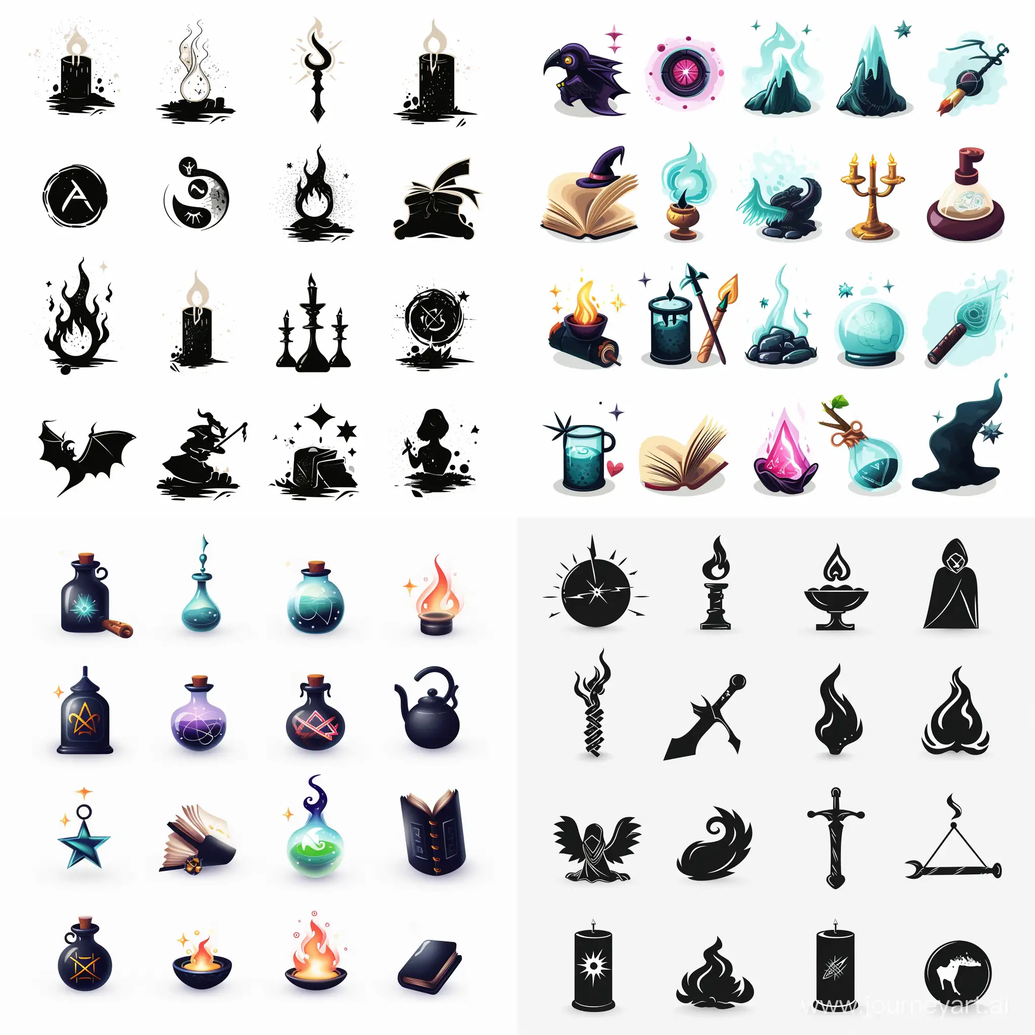 Darkness fantasy vector graphic icons of different types of magics,4k, white background --v 6 --ar 1:1 --no 51088