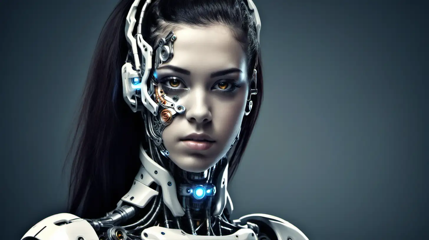 Cyborg woman, 18 years old. She has a cyborg face, but she is extremely beautiful. She has dark hair.