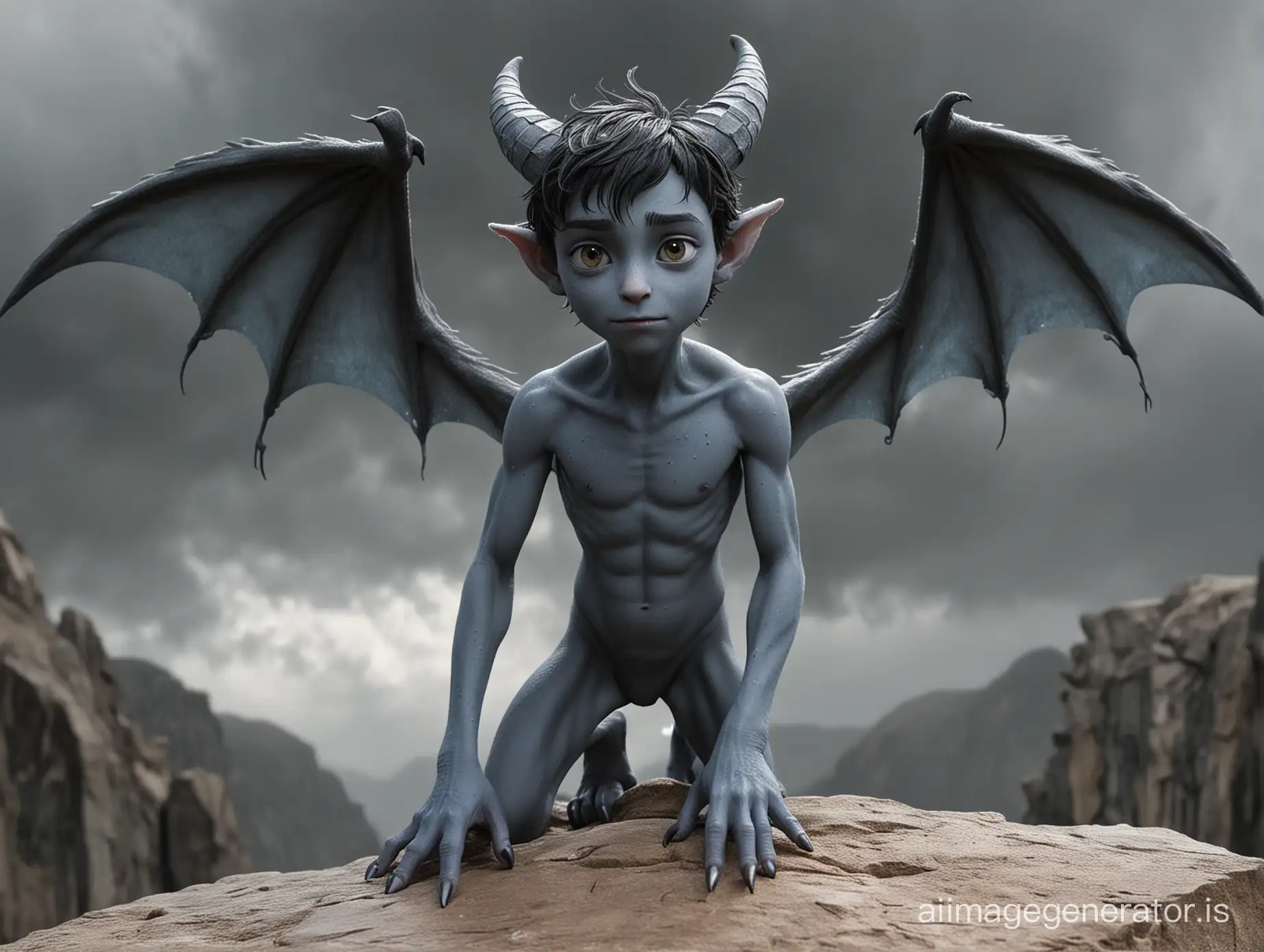 A nude Teenboy with very smooth gray-blue skin and some freckles. He has bat-like wings and a Tail. He is skinny. He has pointet ears. He has dark hair. He has claws instead of fingers and toes. He has animal-like feet. Two natural sharp horns growing from his forehead. He stands on a Rock in a dark cloudy Night like a Gargoyle. Show the entire boy in a long shot.