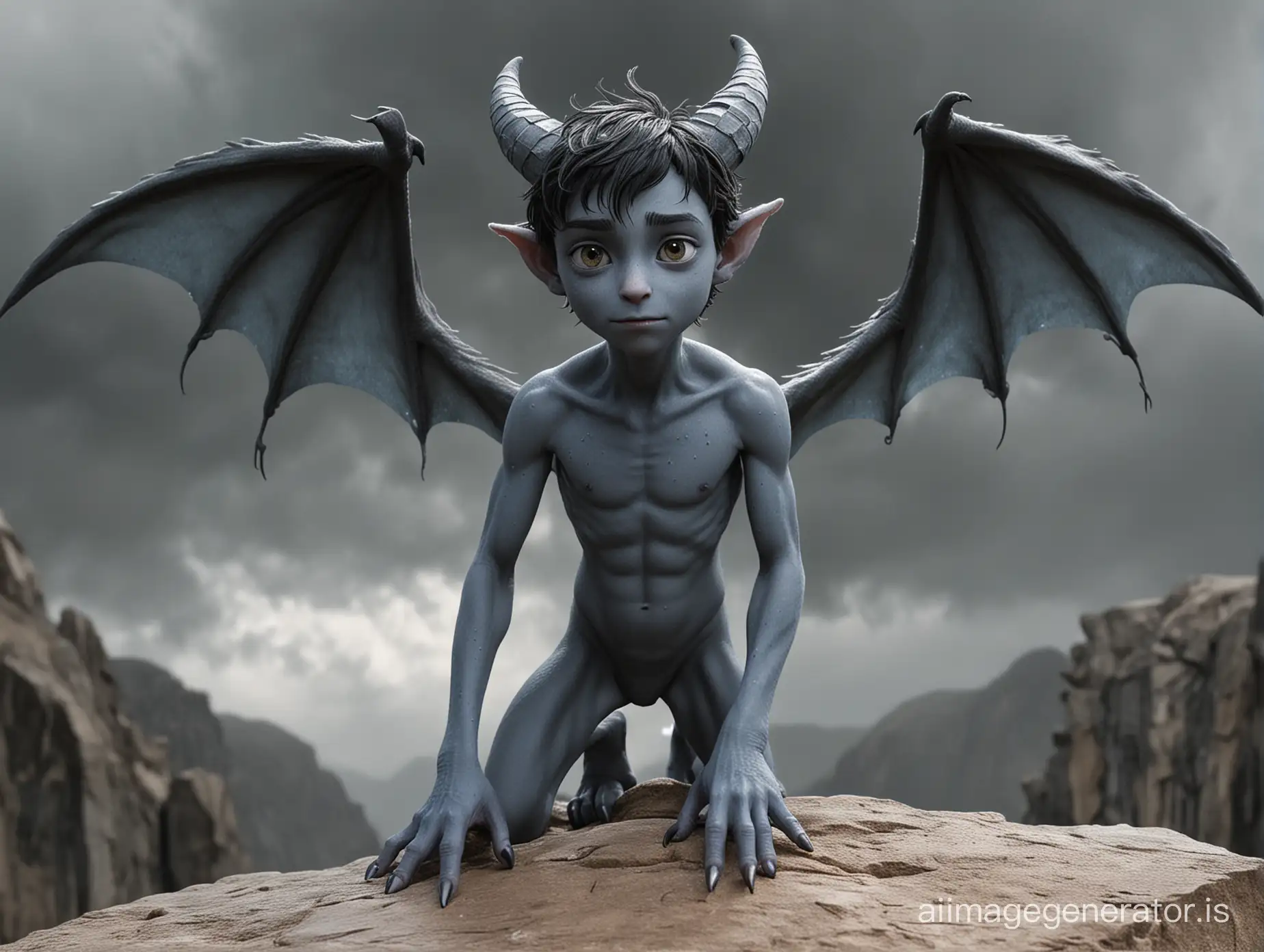 A nude Teenboy with very smooth gray-blue skin and some freckles. He has bat-like wings and a Tail. He is skinny. He has pointet ears. He has dark hair. He has claws instead of fingers and toes. He has animal-like feets. Two natural sharp horns growing from his forehead. He stands on a Rock in a dark cloudy Night like a Gargoyle. Show the entire boy in a long shot. 