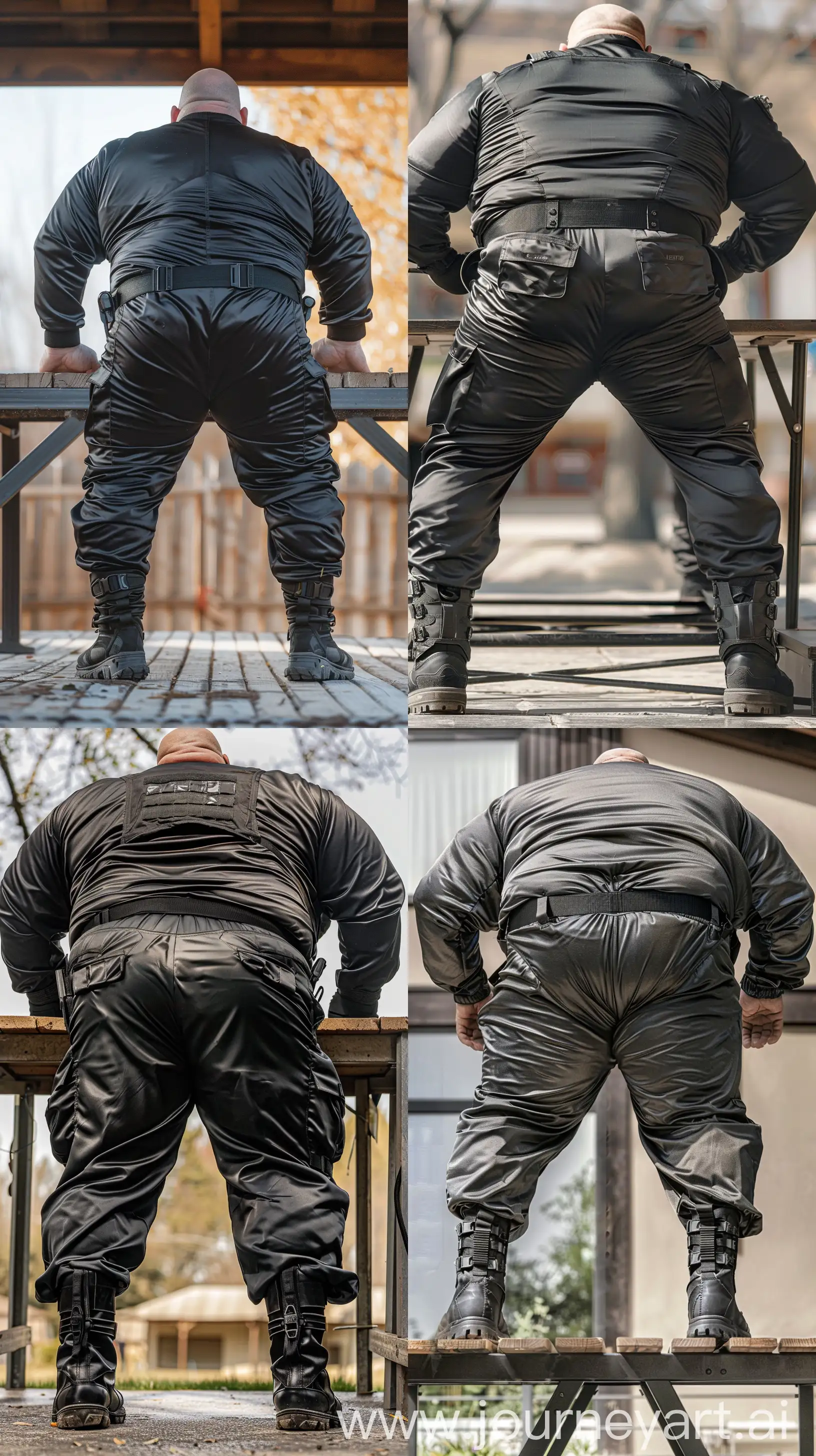Close-up back view photo of a fat man aged 60  standing in front of a very high table. The man is wearing a silk black security guard skinny-fitted full coverall tucked in black tactical hiking boots. Thick black tactical belt. The man has his legs straight and he is bending forward on both hands placed on the table. Outside. Bald. Clean Shaven. Natural light. --style raw --ar 9:16