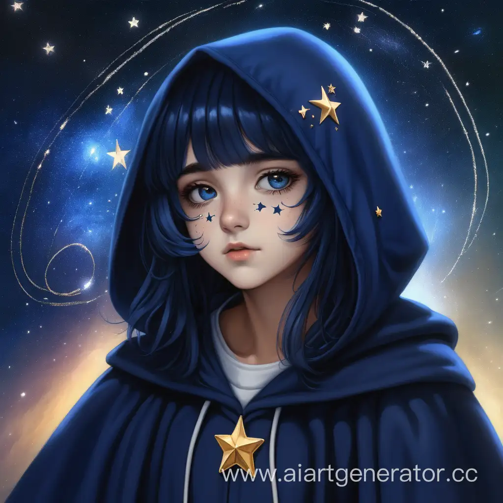 Girl. She is 15 years old. She wears a school uniform and a black cape with a hood. The girl has dark blue hair and stars on her cheeks. The girl works as an astrologer. The girl has a thoughtful face