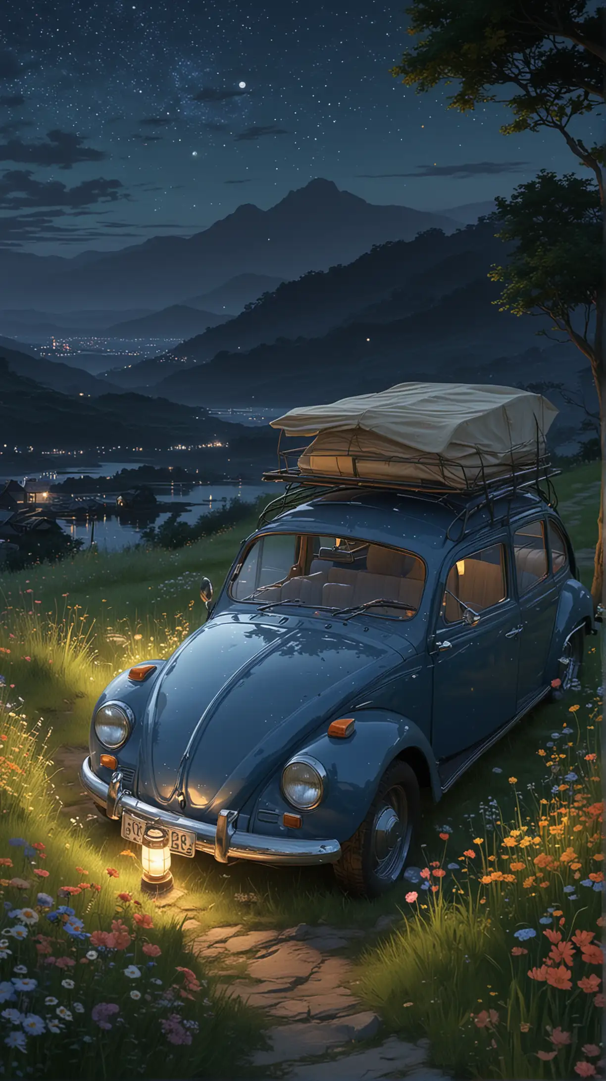  a boy and a girl standing on roof of one VW car parked on hill under beautiful dark night starry sky , a tent build on the grass beside the car, lantern flickering, fireflies flying around,
, vibrant of variant flowers meadow, ultra detailed, high resolution, best composition, illustration, acrylic palette knife, makoto shinkai style, Codex_401 style, mystical, Mystica_meta style, ghibli vibes, ultra detailed, render, stable diffusion, trending pixiv fanbox, --ar MJ V 6.0 , 

