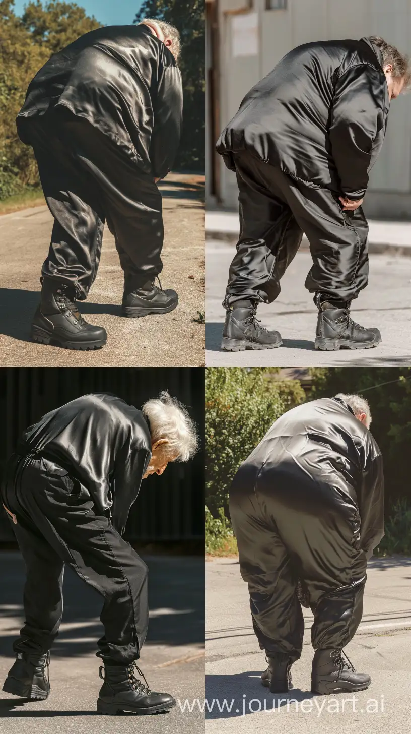 Back view fashion photo of a chubby man aged 70 wearing a silk black tracksuit and sport shirt. Black Hiking Boots. He is bending over. Direct Sunlight. Outside. --style raw --ar 9:16 --v 6