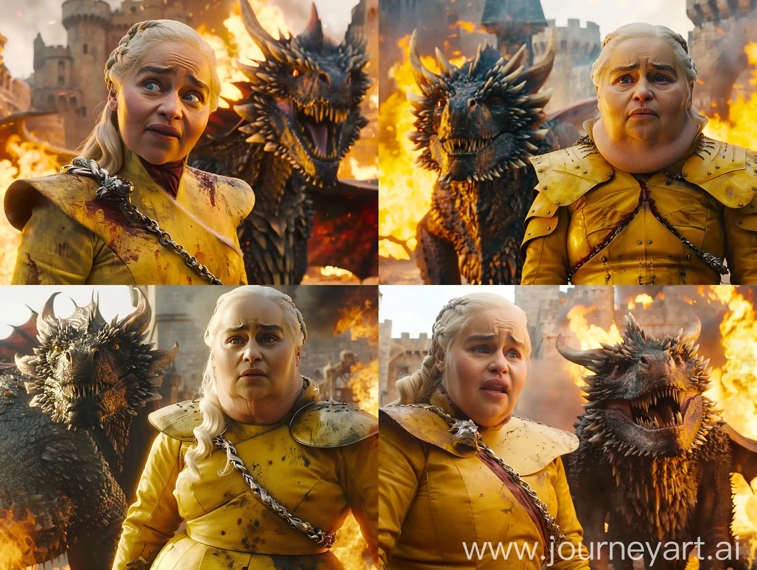 Daenerys Targaryen in Game of Thrones series, Daenerys Targaryen is very fat and has a very fat face and body, Daenerys Targaryen is wearing yellow military armor, Daenerys Targaryen is standing next to the dragon dragon. Daenerys Targaryen and the dragon are surrounded by flames, the background is a burning castle. Daenerys Targaryen looks at the camera with a determined expression, classic lighting, q2