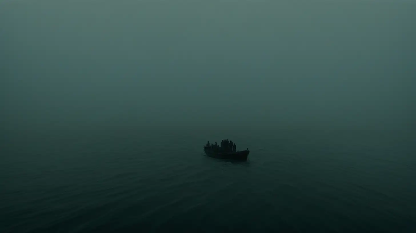 experimental cinematography, dystopian realism, made of mist, expansive skies, transavanguardia, movie still, very foggy, ocean, floating over the water