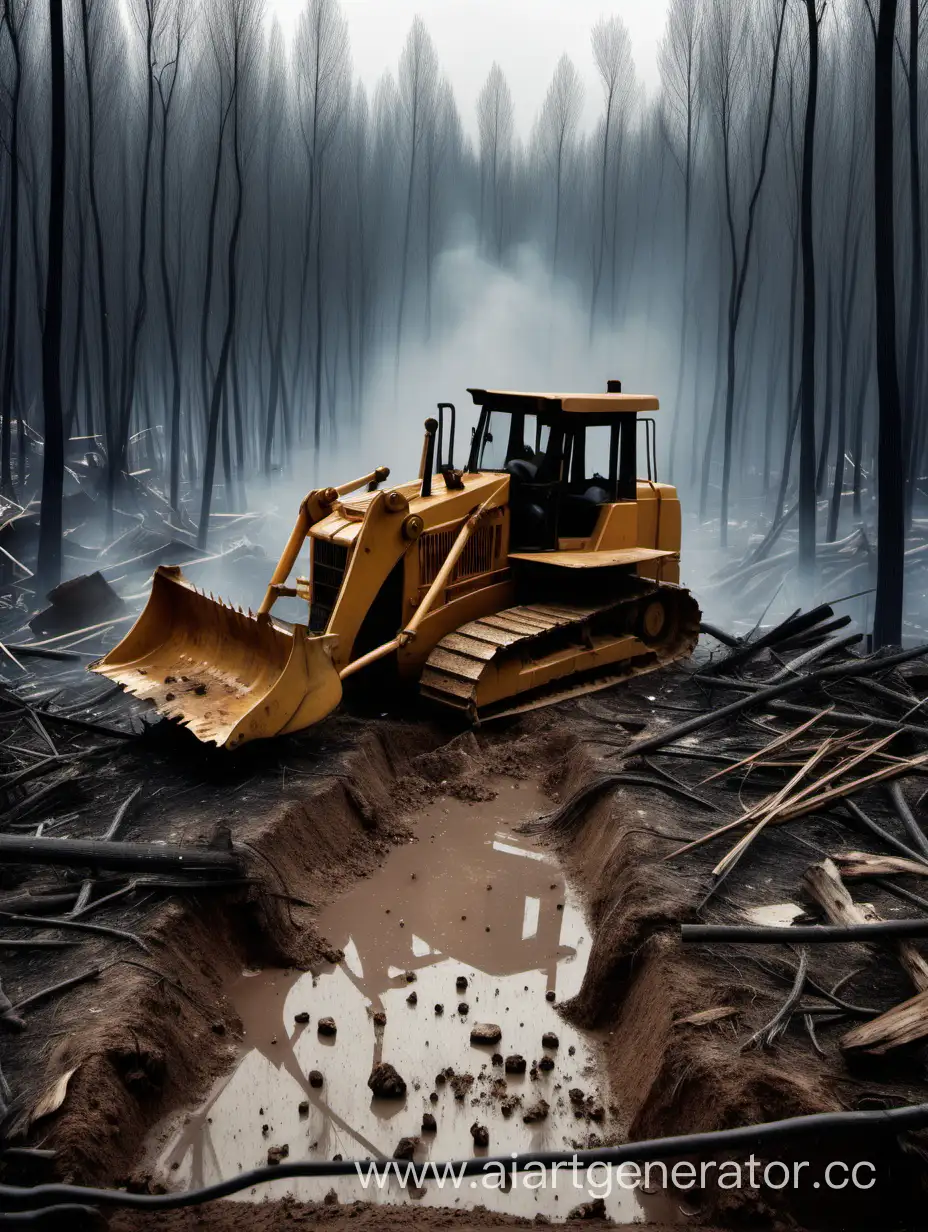 tears, destroyed forest, pain, fleeing animals and bulldozer