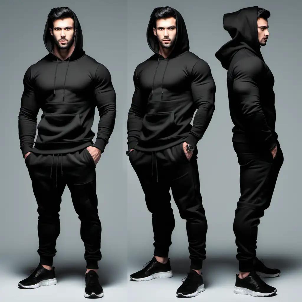 GENERATE AN IMAGE OF MUSCULAR MAN WEARING black SWEAT PANTS WITH balck HOODIE from 3 diffenert angles
