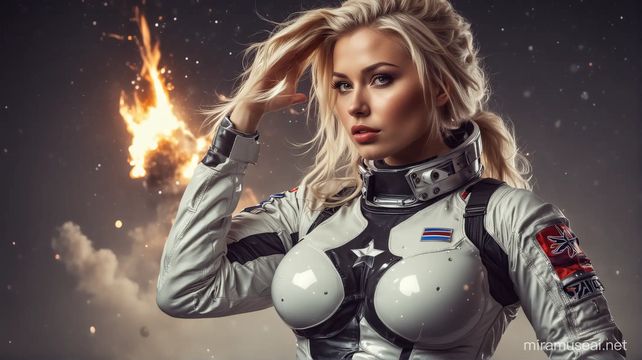 Sexy Norwegian girl saluting like soldier, complicated hair style, fat lips, very big boobs, round boobs, tight spacesuit, flames style colored spacesuit, armored spacesuit, glowing spacesuit, space, galaxies, planets, bright sparkles around