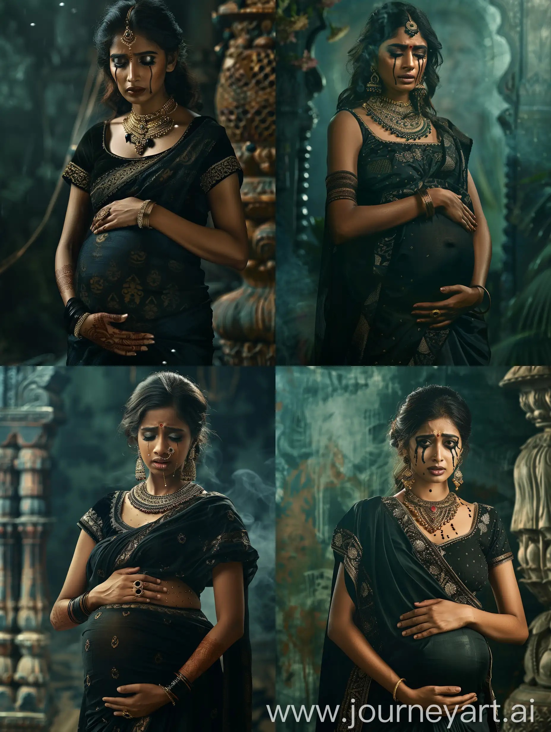 Images depicting a Indian woman from ancient times in her thirties, in black attire with a belly bump, sad look on her face, tears falling down her eyes, realistic depiction, intricate details, 8k quality images ar 9:16 --sref https://i.postimg.cc/66V6fXZk/IMG-20240226-090659.png --v 6