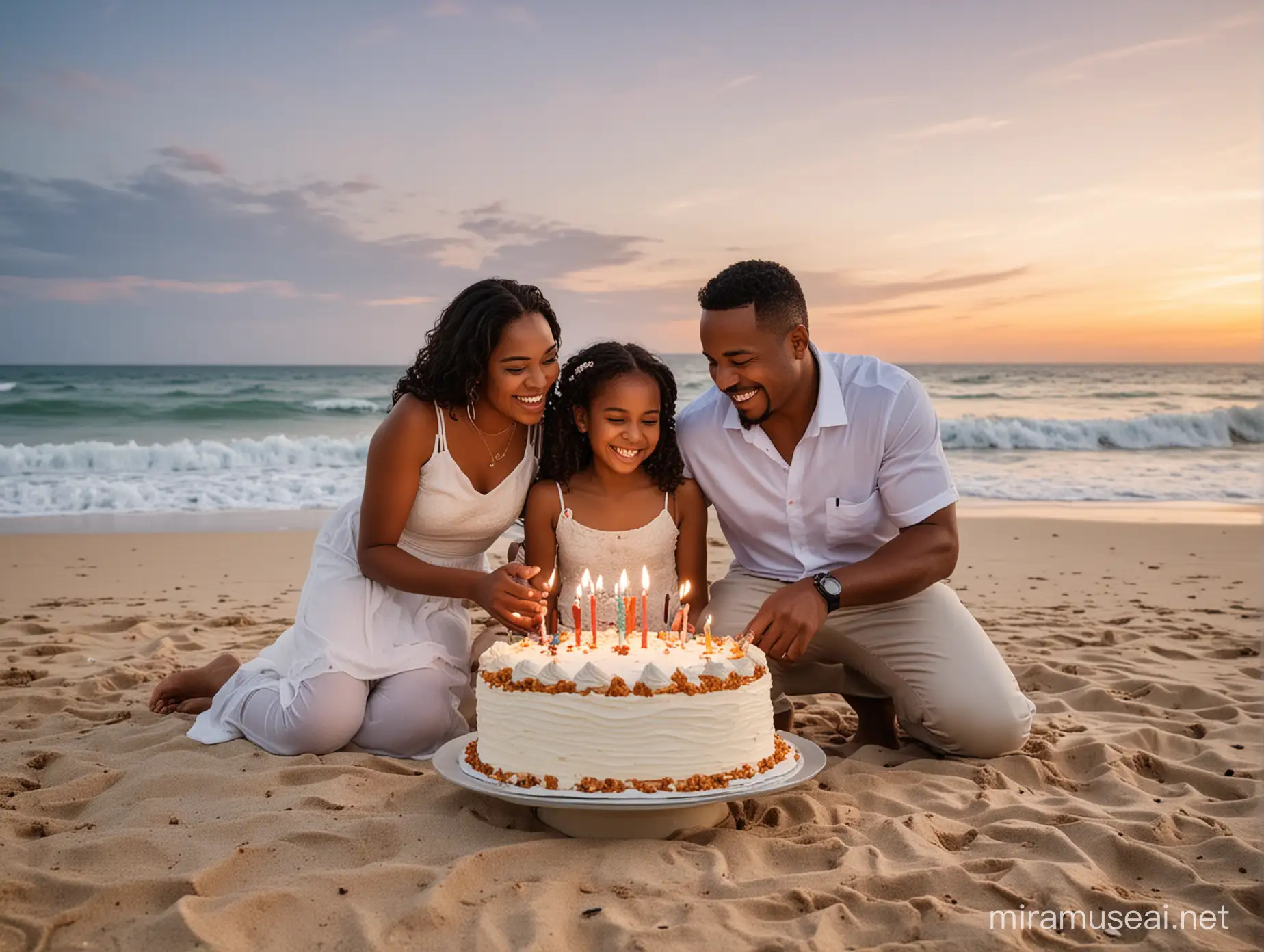 a heartwarming birthday celebration at the beach. The focal point should be a 9-year-old girl named Kiansha, radiating joy as she celebrates her special day with her parents. Kiansha should be shown cutting a birthday cake, her face lit up with a bright smile. Her dad and mom should stand beside her, sharing in the happiness of the moment. The cake should be decorated with the words "Happy Birthday Kiansha." The scene should be set against the backdrop of a serene beach, with gentle waves and a clear sky. The overall atmosphere should evoke feelings of warmth, joy, and familial love.