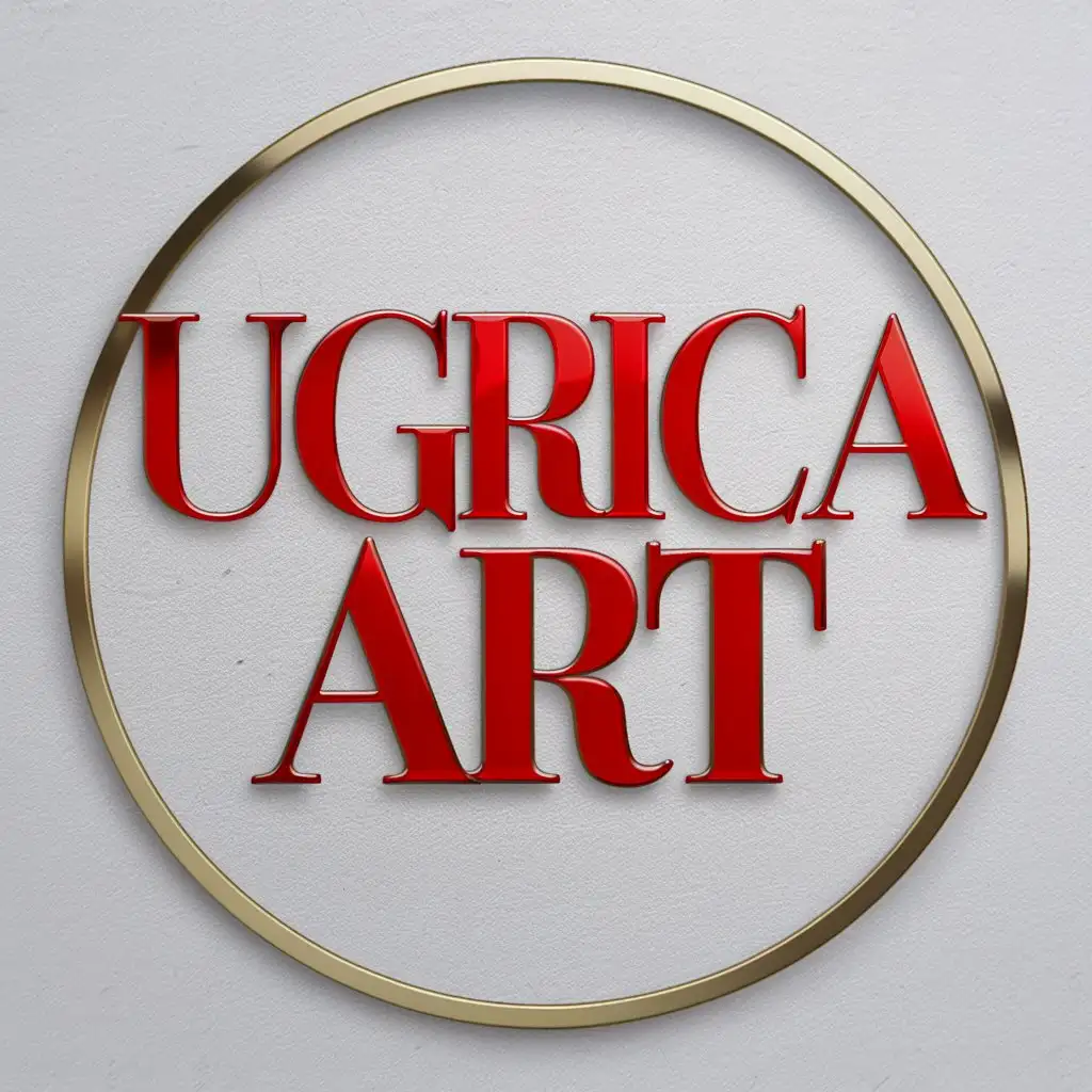 Napravi logo kružnog oblika sa natpisom UGRICA ART. Koristi crvena i zlatna ispupčena slova na bijeloj podlozi. 