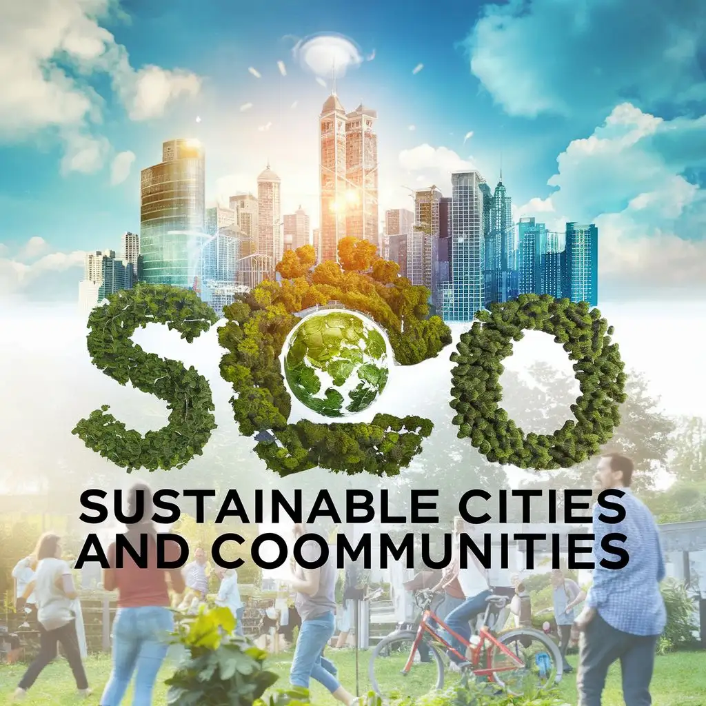 logo, In the foreground, symbols of sustainability such as renewable energy sources, green spaces, and eco-friendly infrastructure could be prominently displayed, highlighting the importance of environmentally conscious urban planning and development. Additionally, images of people engaging in various community activities, such as gardening, cycling, and social gatherings, could convey a sense of connectedness and civic engagement within thriving urban communities., with the text "Sustainable cities and communities", typography