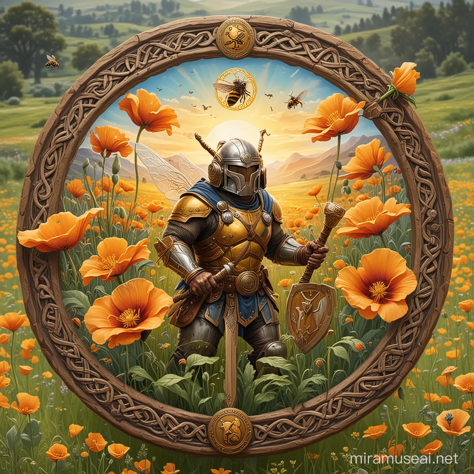 Circle shaped Celtic decorative boarder icon with happy  bee wearing Thor’s helmet and holding Thors axe with a shield buzzing around a California poppy meadow 