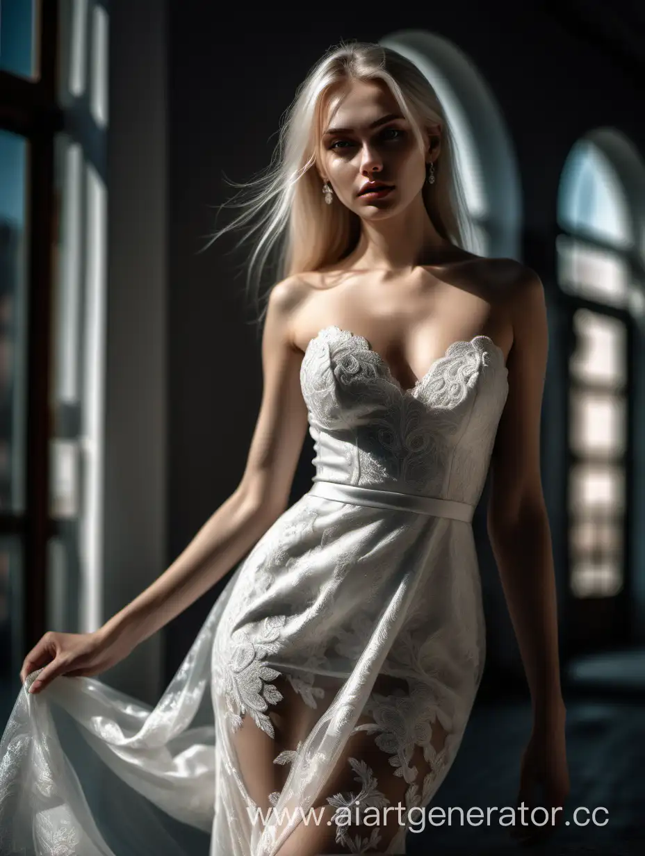 Photo of a beautiful russian model looking at camera, full body, wide shot, detailed skin, film photography, perfect body, realistic, sharp focus, very detailed, 4K HQ, depth of field, f/1.2, Leica, 8K HDR, High contrast, shadows, bokeh, platinum blonde hair, wedding dress