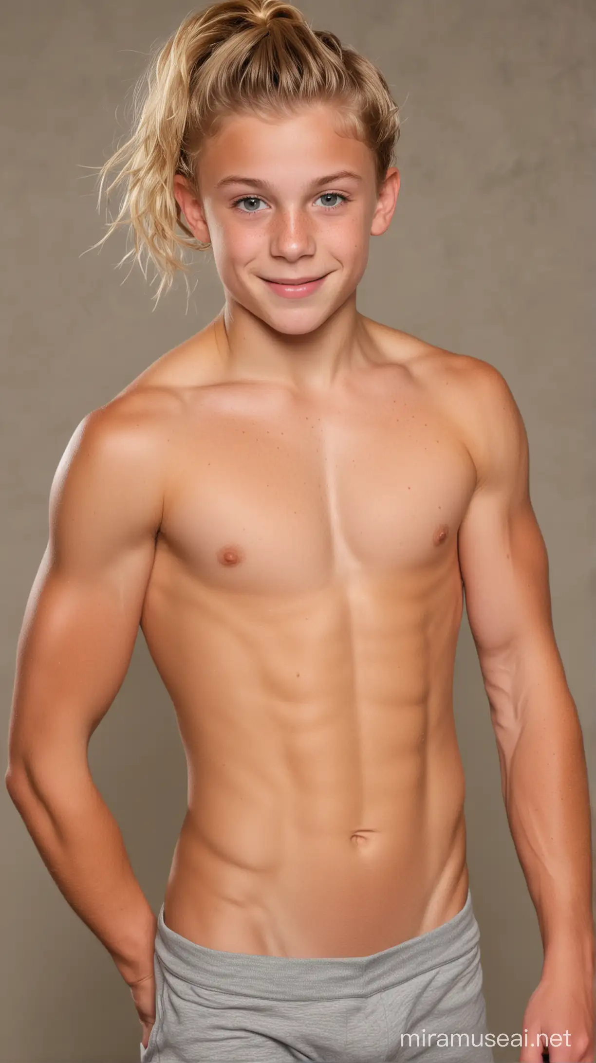 Shirtless 12yo tween gymnast. Huge muscular pecs. wide lats. Flexing big muscular biceps. triceps. muscular sixpack washboard abs. Shirtless. Quads. obliques. glutes. Facefreckles. Gold blonde wavey hair. Tanned.