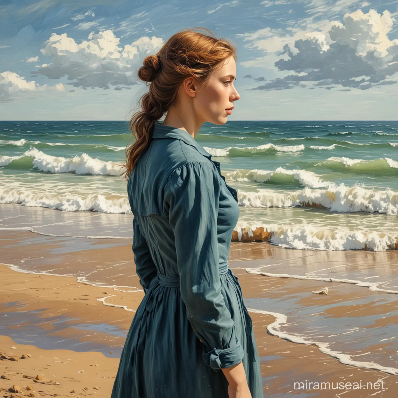 painting in style of Van Gogh of young woman on beach looking wistfully out to sea 
