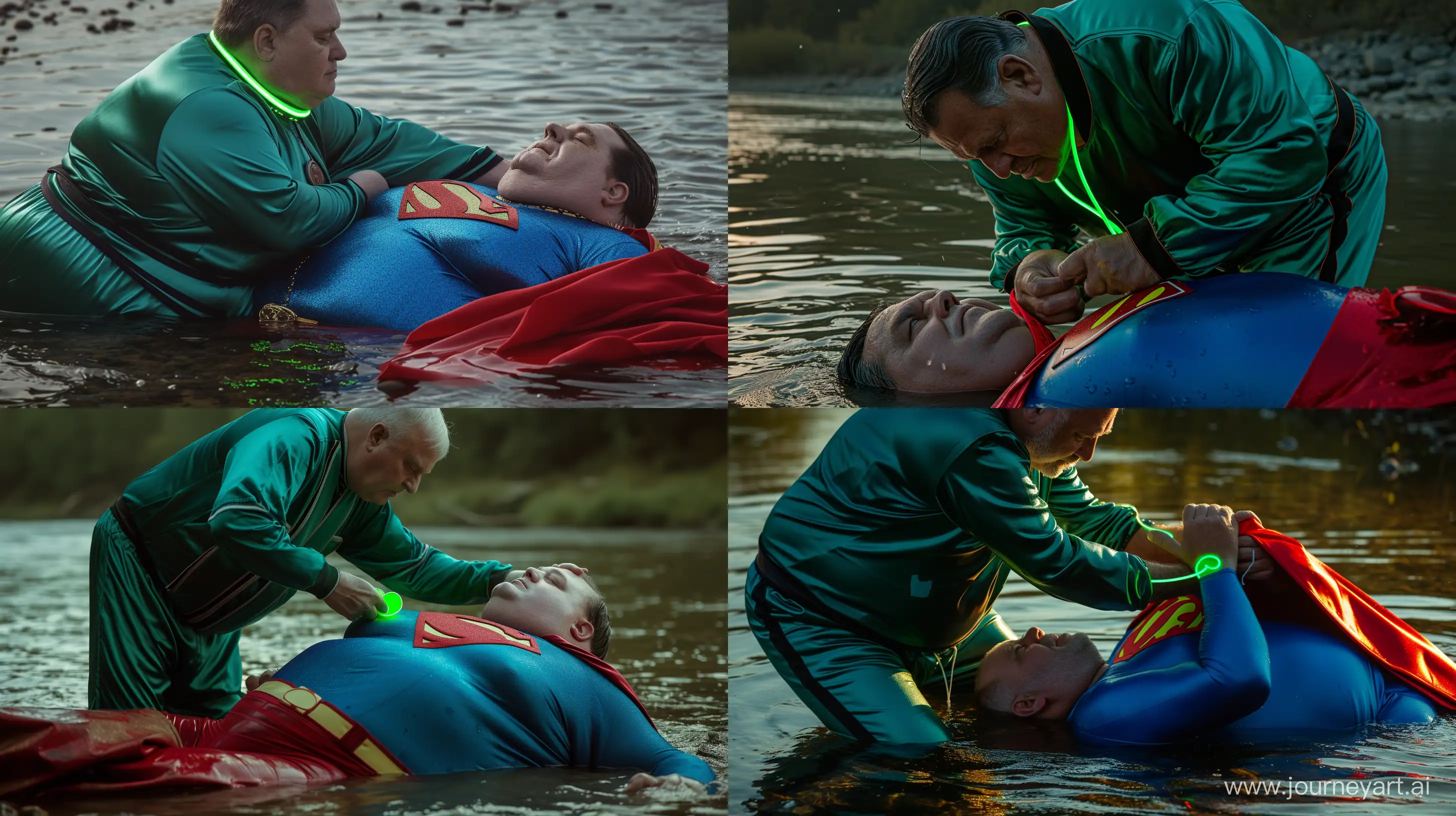 Close-up photo of a 100 kg man aged 60 wearing a silk green emerald tracksuit with a black stripe on the pants. He is tightening a tight green glowing neon dog collar on the neck of a fat man aged 60 wearing a tight blue 1978 smooth superman costume with a red cape lying on his face in the water. Natural Light. River. --style raw --ar 16:9