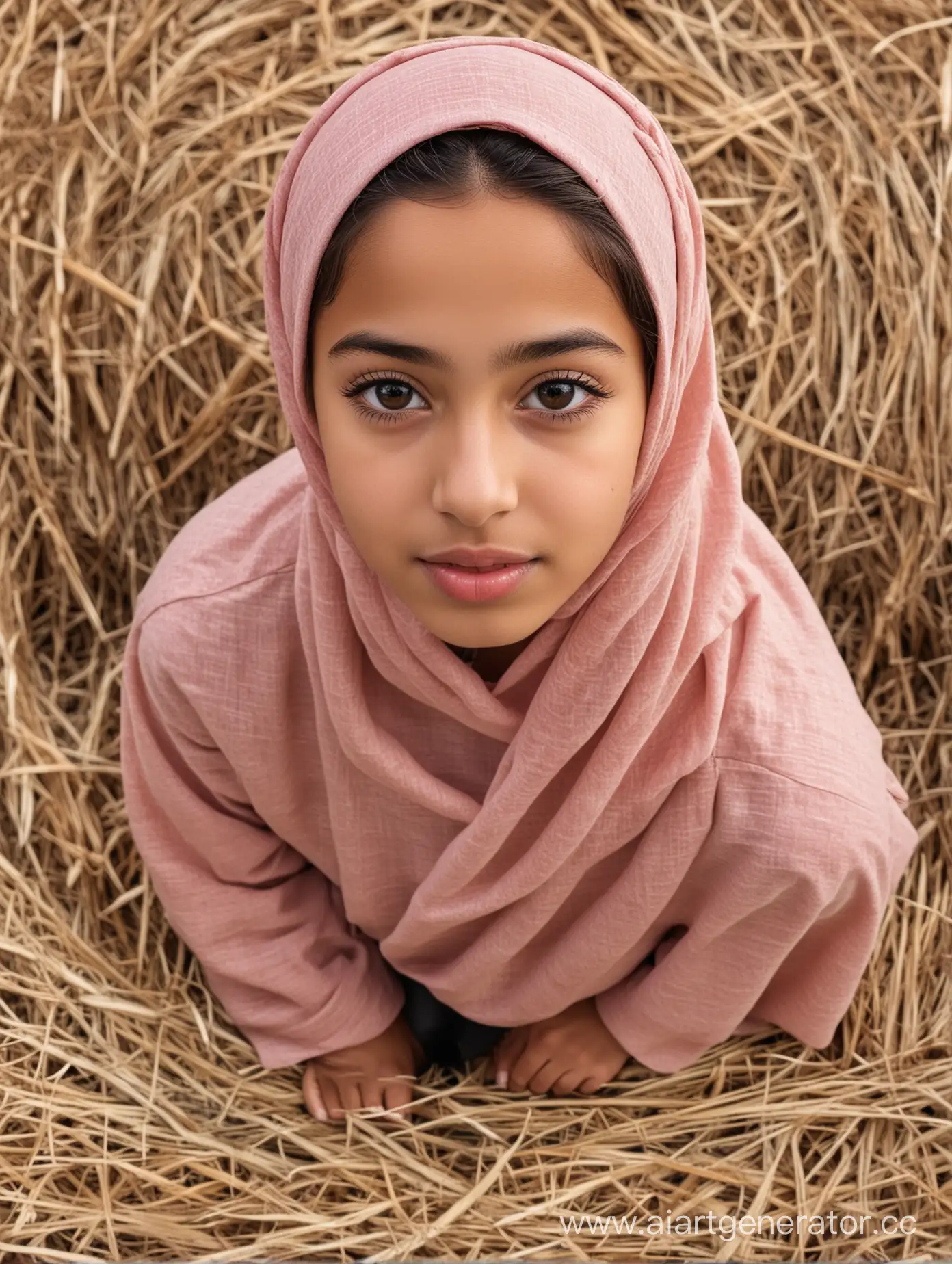 A little latina girl. 12 years old. She wears a hijab, kids wear. Her height is 130cm. Close pov shot. Close up. From above. 8k sharp. Pretty face. Sits on the hay bales. hands to the viewer. Pursed lips. So beautiful, so cute. Opens mouth. Pov