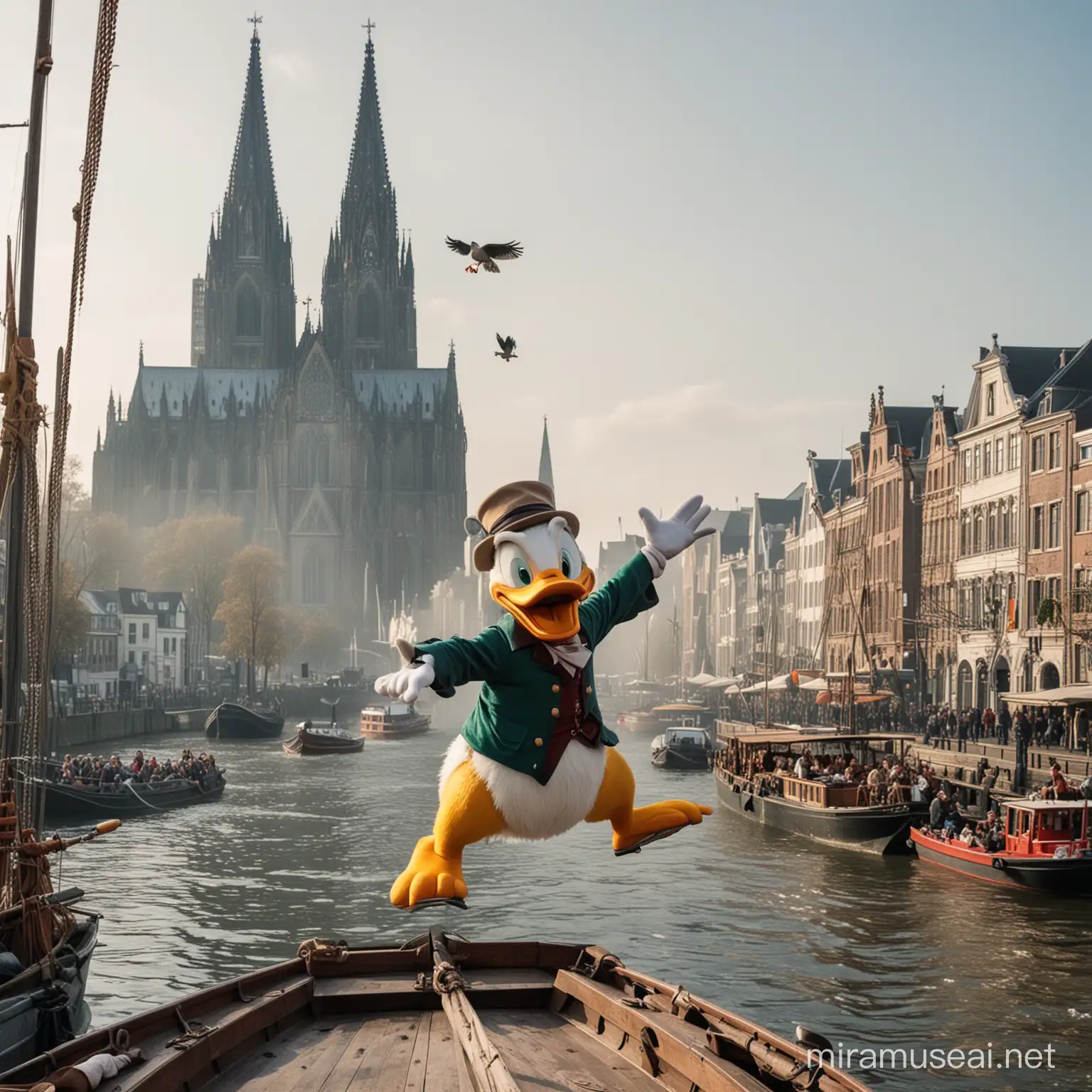 Scrooge MC Duck springt aus dem Boot. Im Hintergrund Rheinauhafen und der Kölner Dom sowie die Kranhäuser