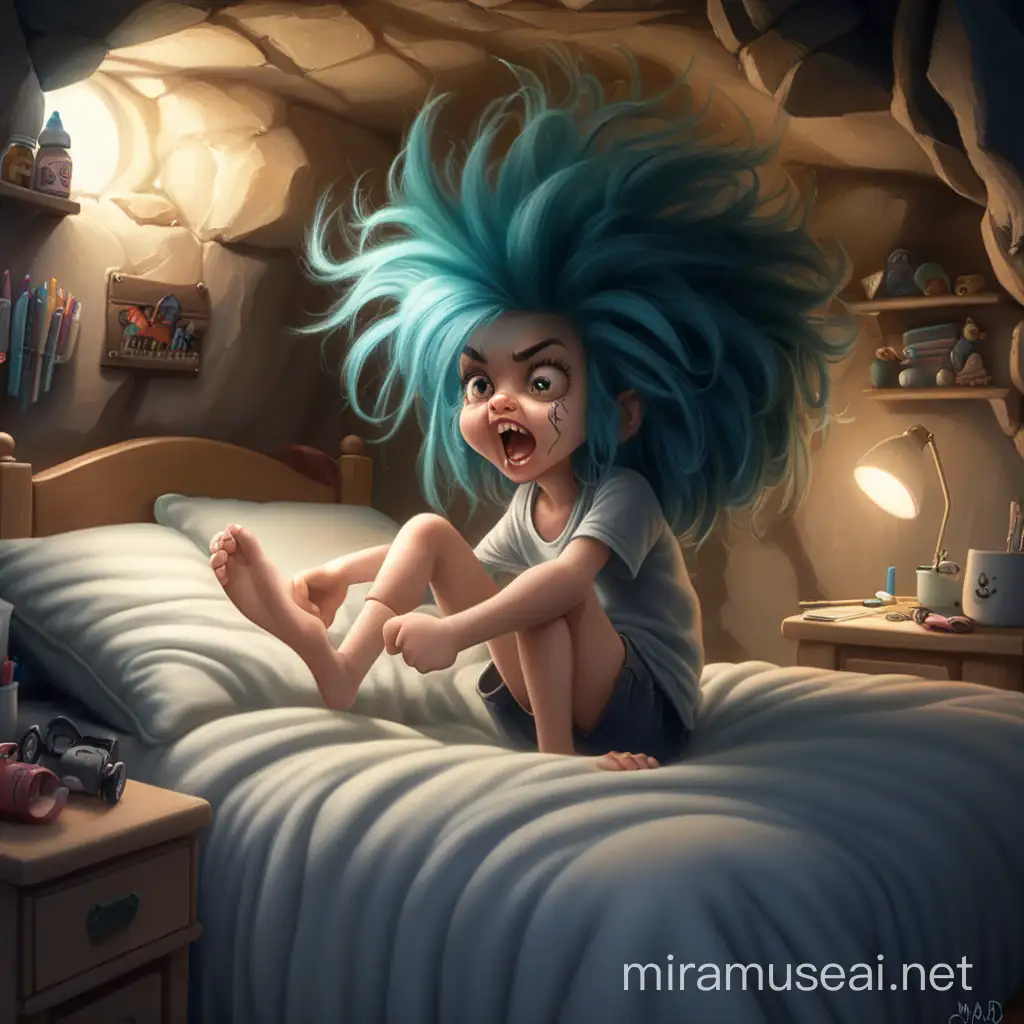 Mad Mabd getting oht of bed in her cave woth her crazy hair going all over the place