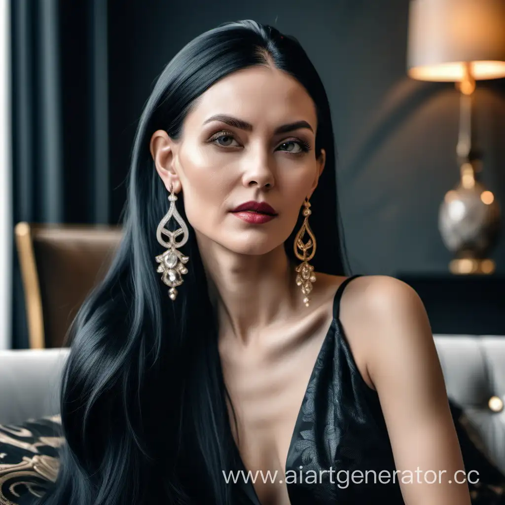 Luxurious-Wealthy-Woman-with-Long-Hair-and-Earring-in-Lavish-Apartment