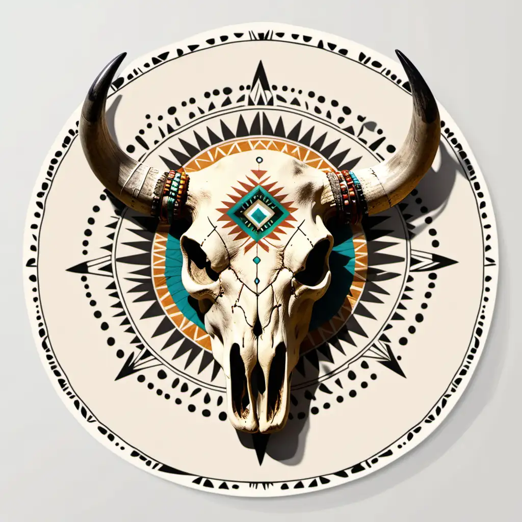 Symmetrical Southwest Style Native American Cow Skull Art on Round Canvas
