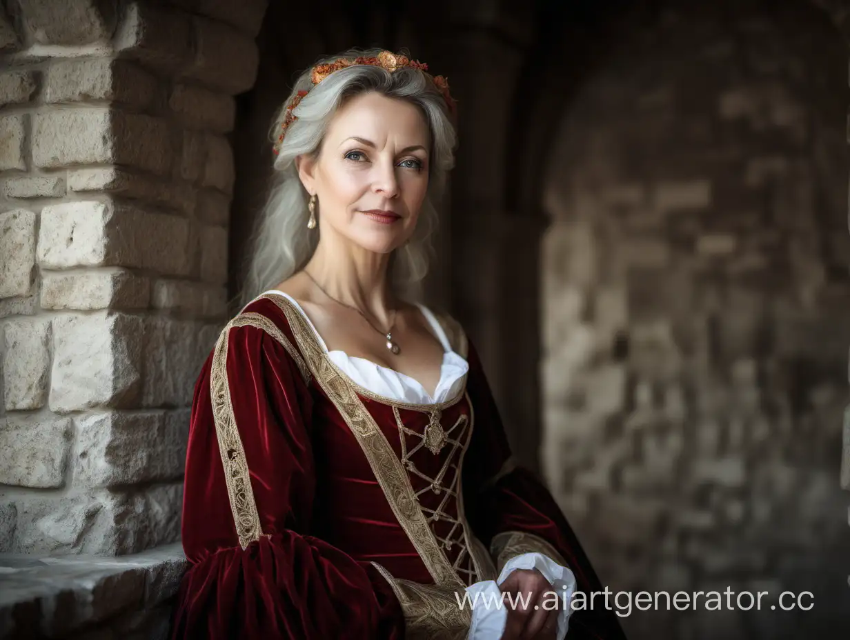 a beautiful middle-aged woman in medieval castle wearing renessance dress