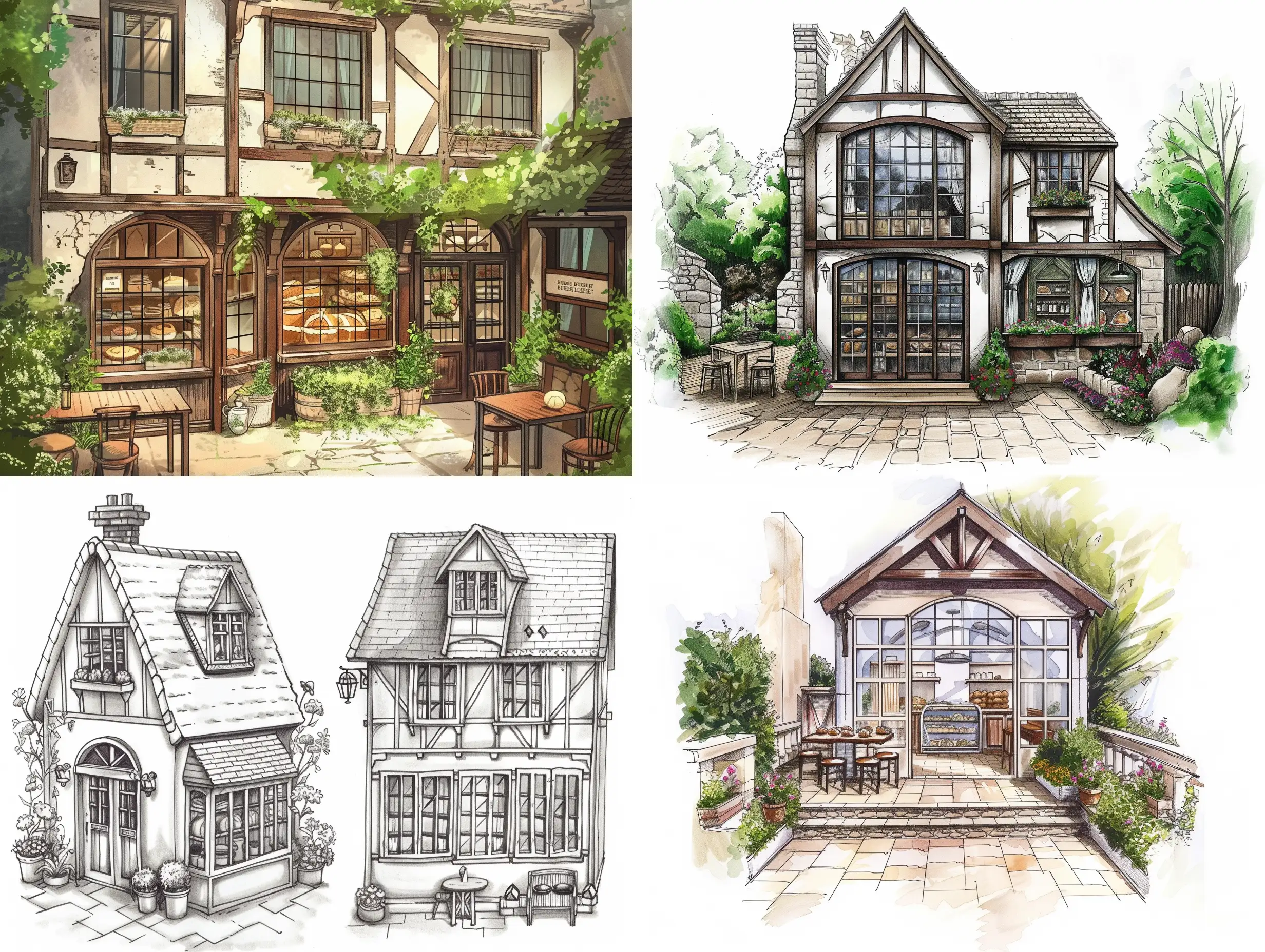 нарисуй небольшую пекарню в стиле тюдор с большими окнами и красивым садом, состоящая из двух этажей. полный чертеж и планировка.