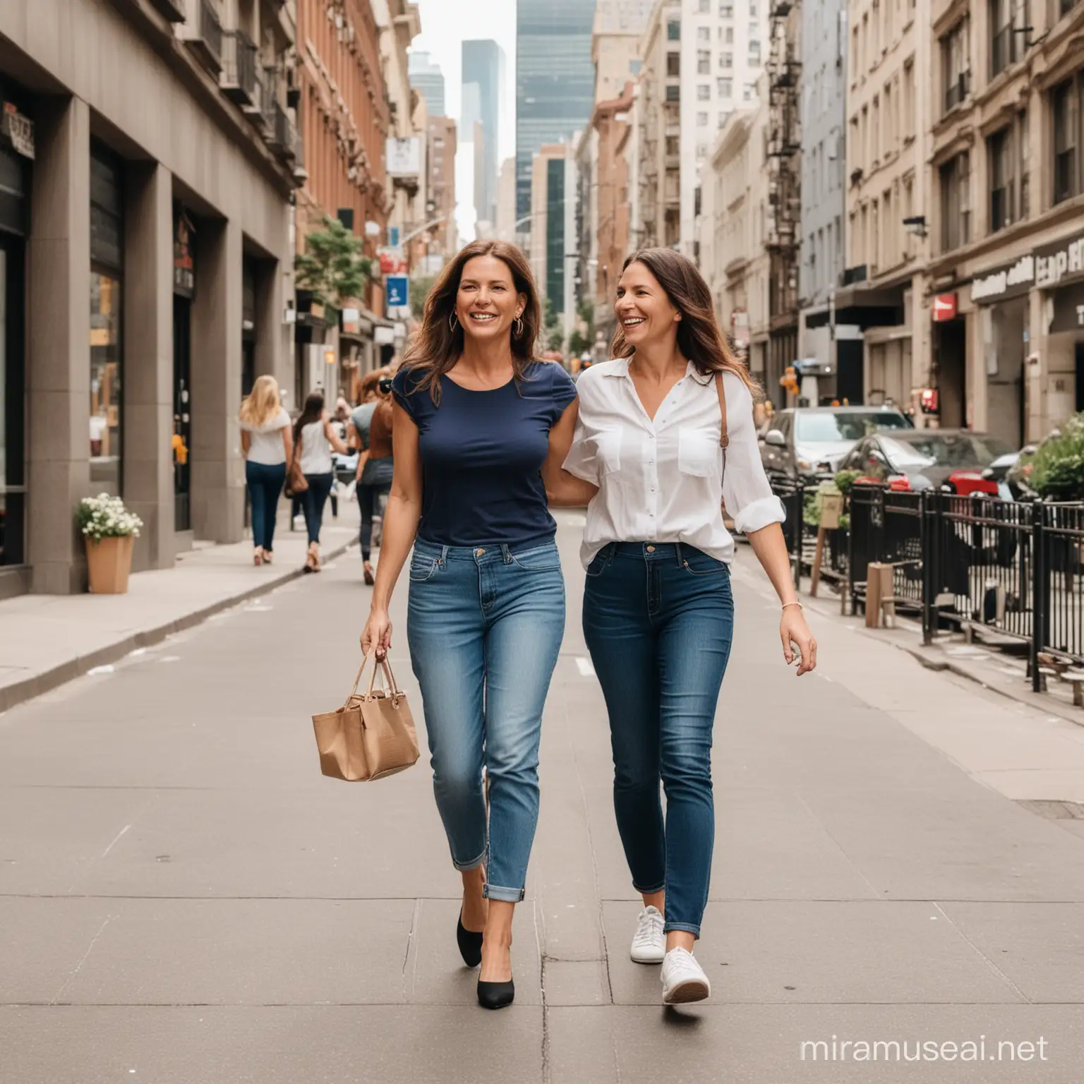 generame a una mamá con su mamá  caminando por la ciudad