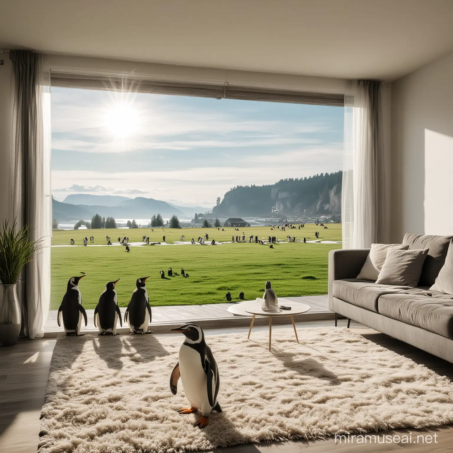 penguins in frozen living room and with sofa with summer sunny czech view with green grass