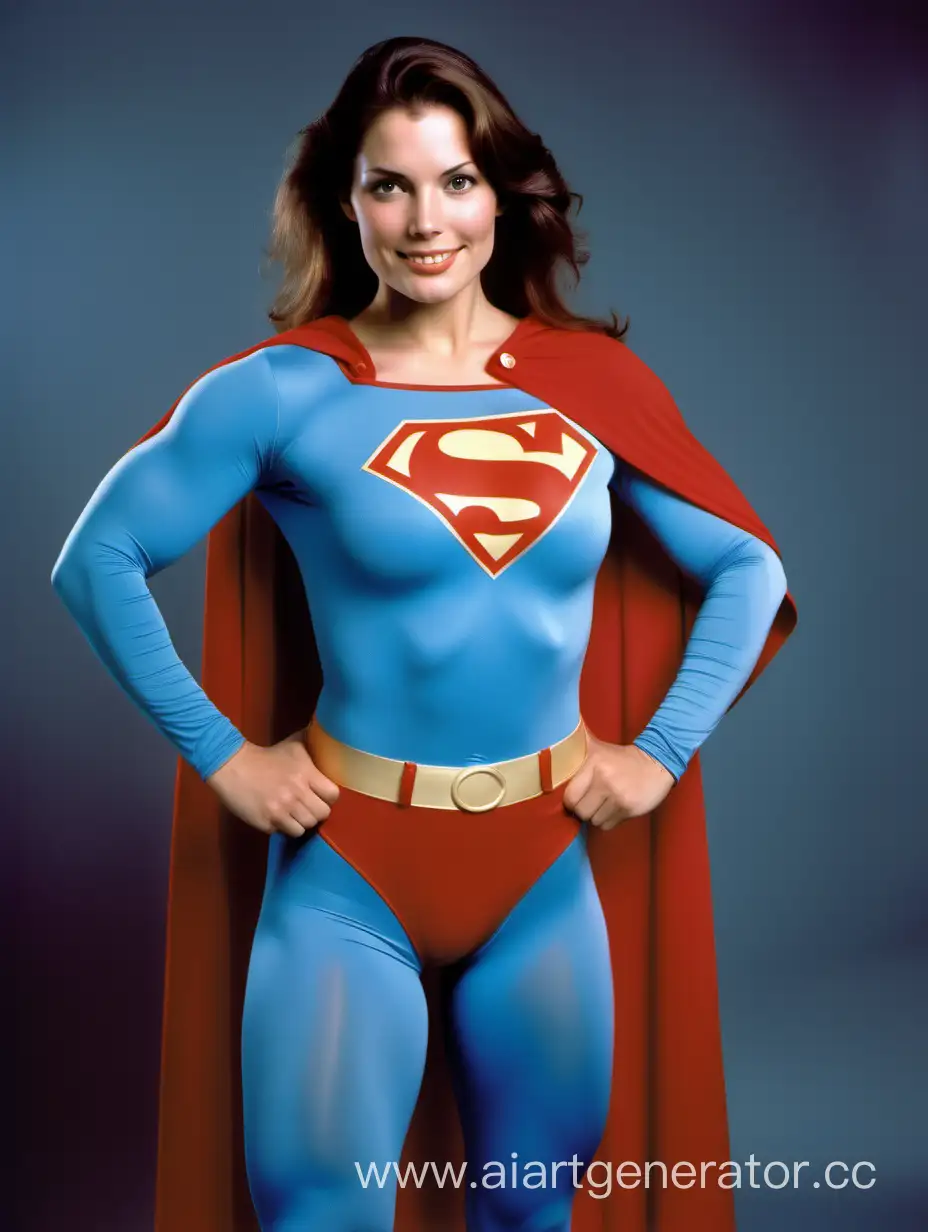 A beautiful woman with brown hair. Age 30. She is happy and muscular. She has the physique of a bulky body builder. She is wearing the classic Superman costume worn by Christopher Reeve in "Superman The Movie", with (blue leggings), (long blue sleeves), red briefs, red boots, and a long cape. Her costume is made of very soft cotton fabric. She is posed like a superhero. Strong and powerful.