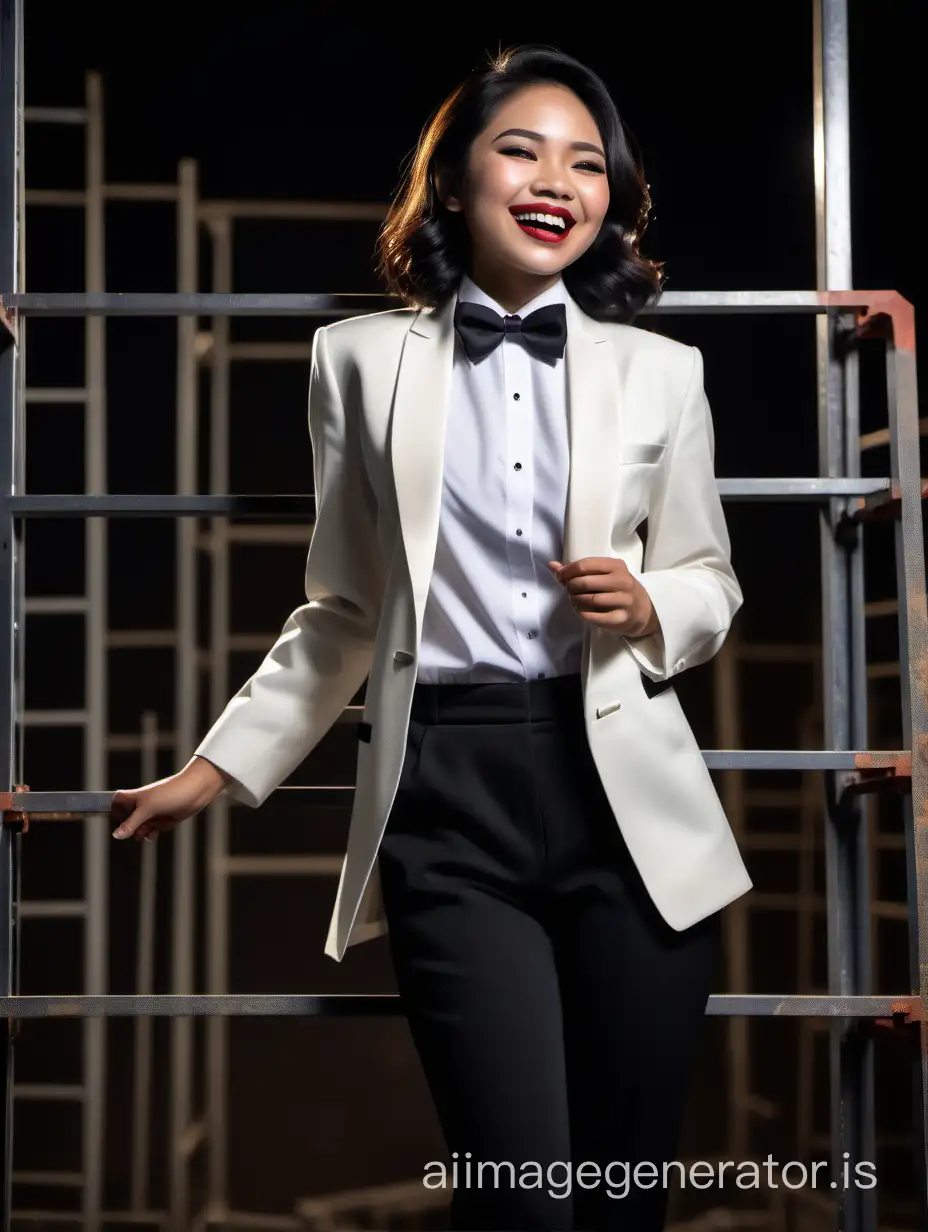 A stunning and cute and sophisticated and confident Indonesian woman with shoulder length hair and lipstick wearing an ivory tuxedo with a white shirt with cufflinks and a (black bow tie) and (black pants), standing on a scaffold facing forward, laughing and smiling. She is relaxed. It is night.
