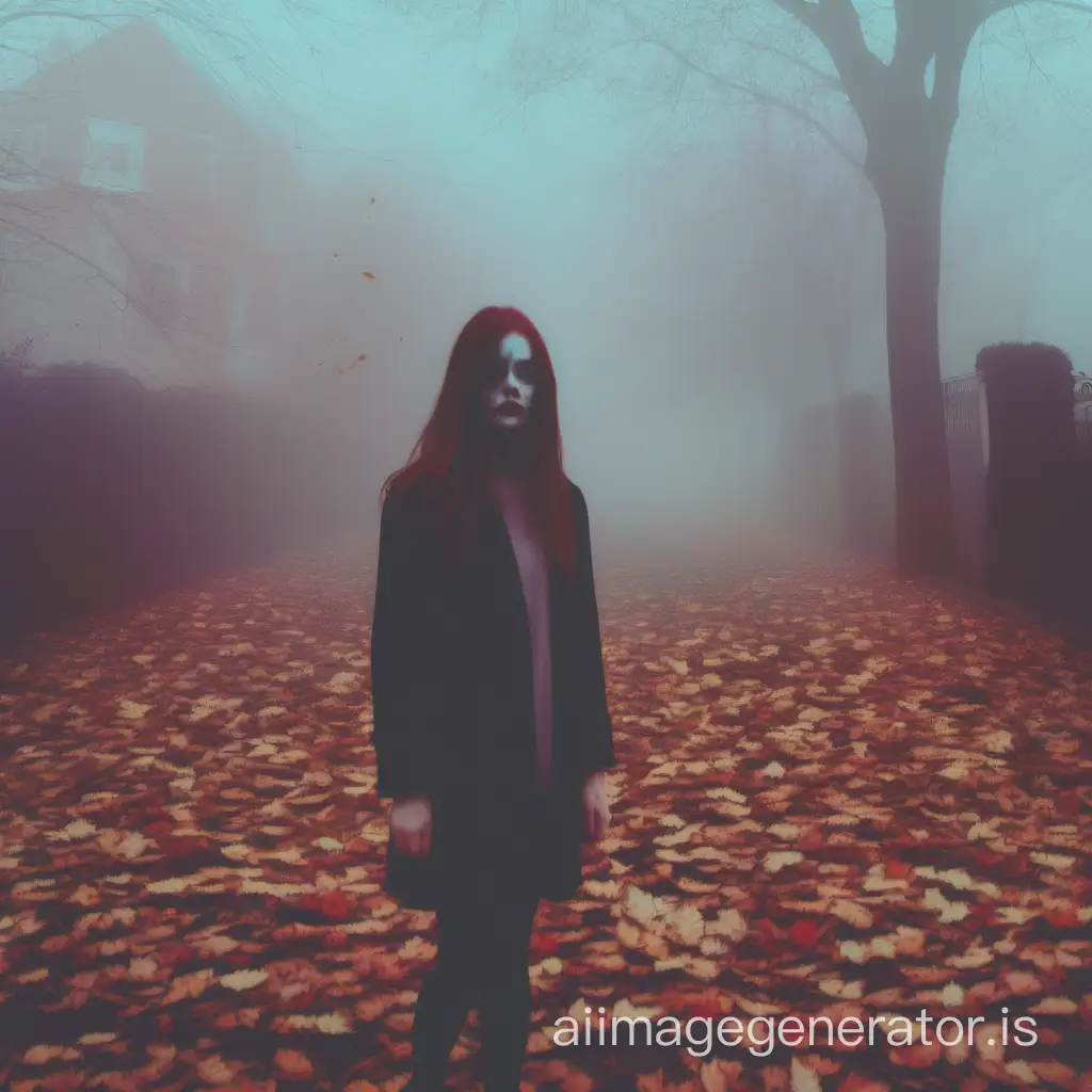 The fog, garden, autumn, creepy, The leaves are falling off, VHS tape filter, girl