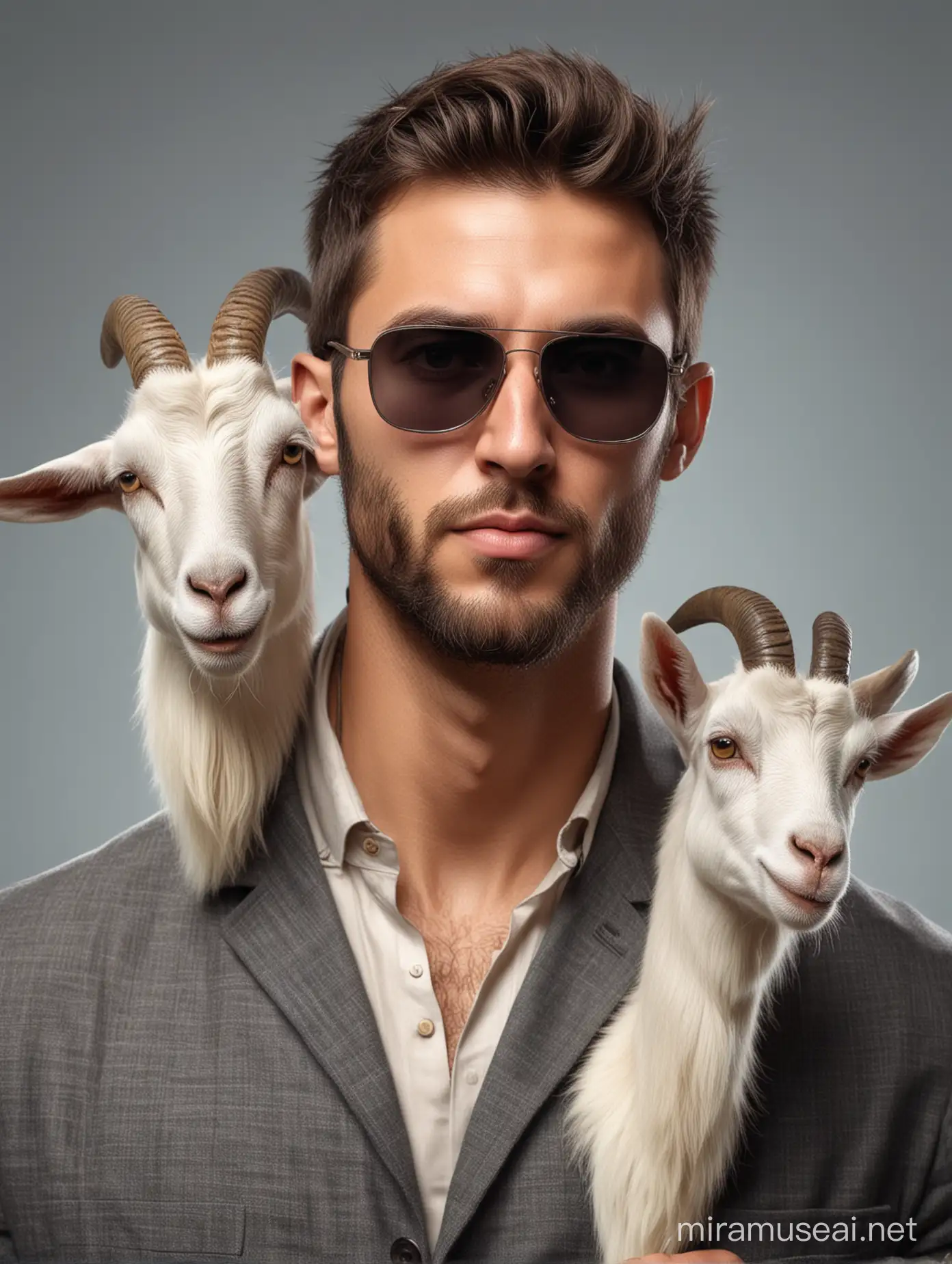 Create a man and goat mixed image face, head with goat horn, close up image with mix gesture, wear sunglass, realistic, side angle but focused, hd