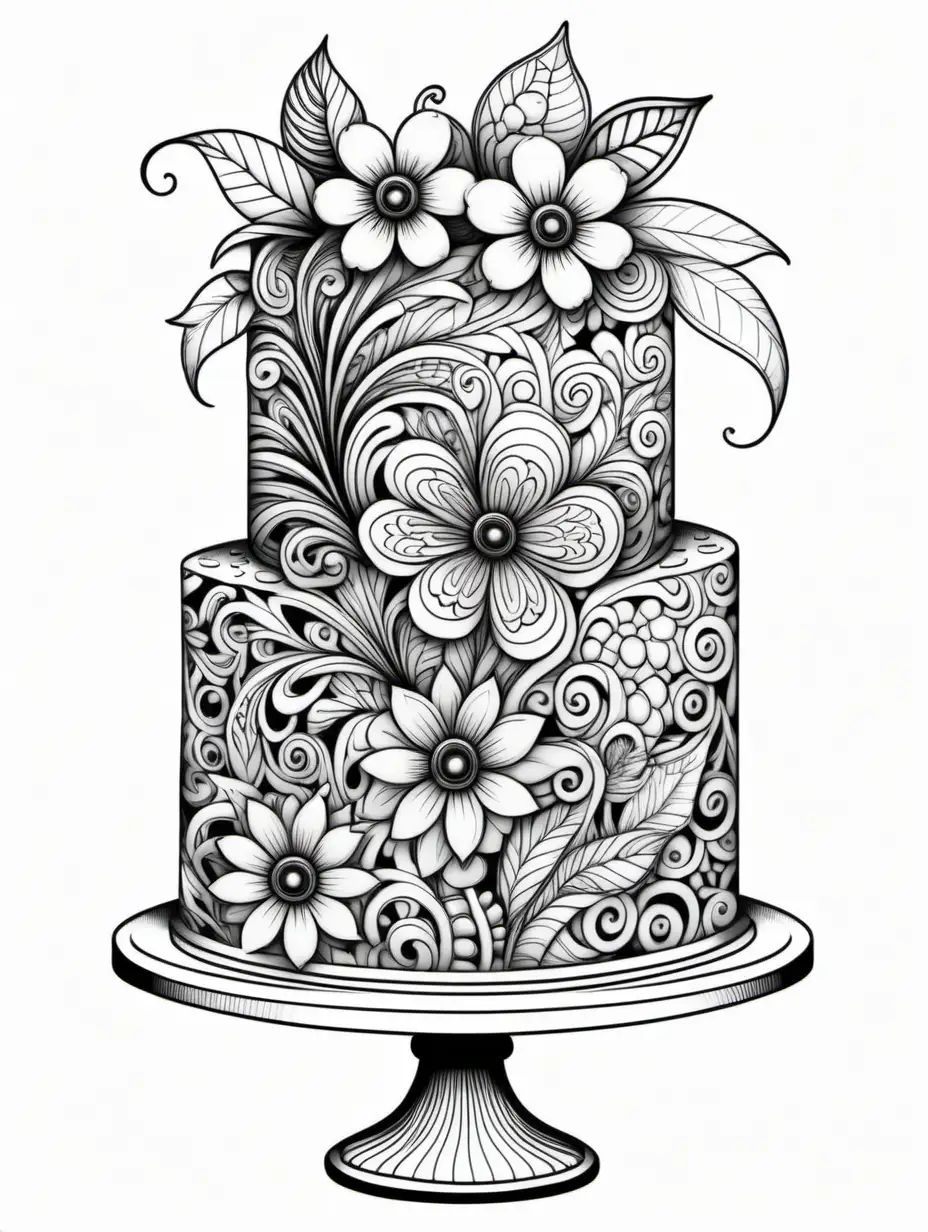 Elegant Cake Decoration with Vintage Floral Patterns in Zentangle Style