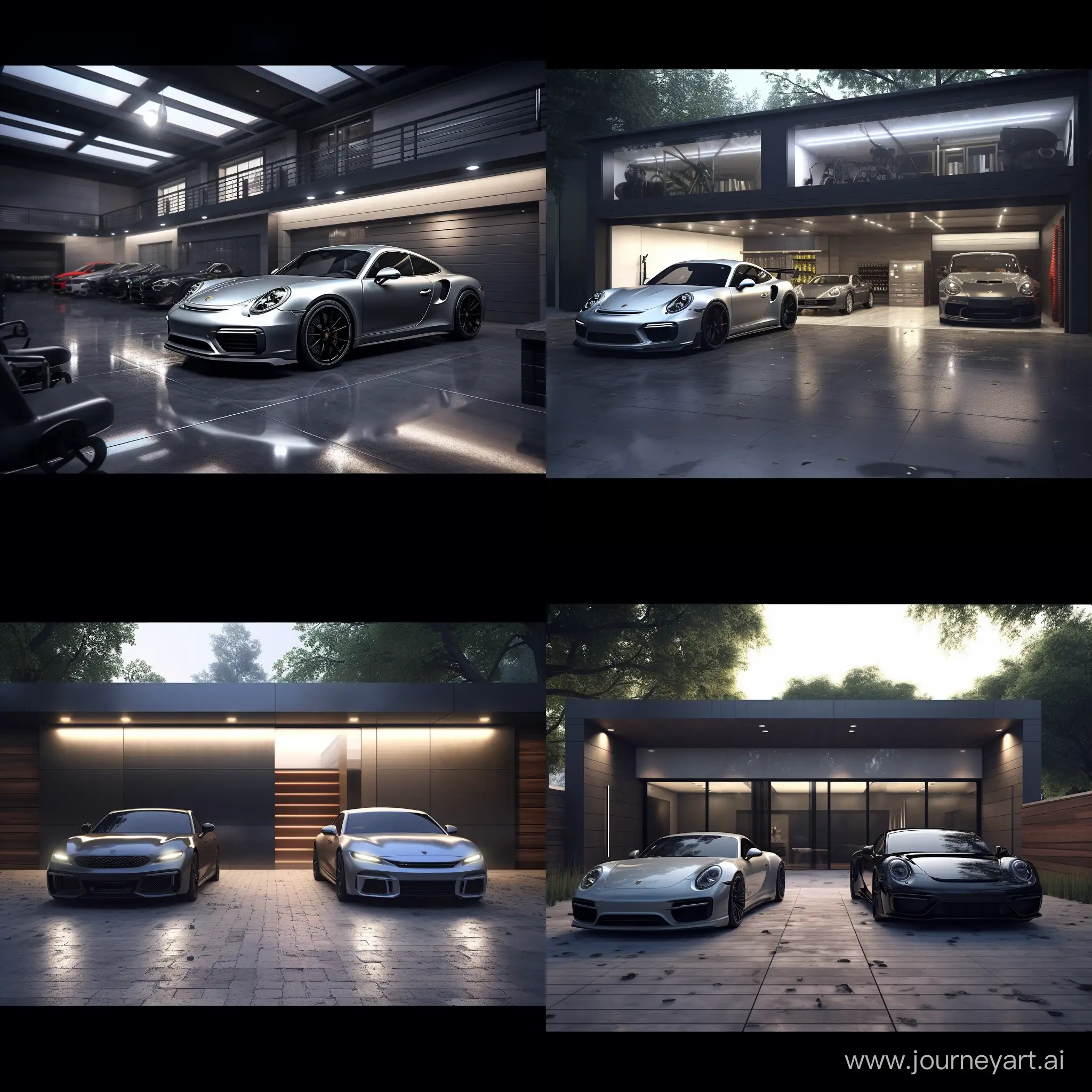 garage design for 2 cars in gray tones. 4k, uhd, realistic